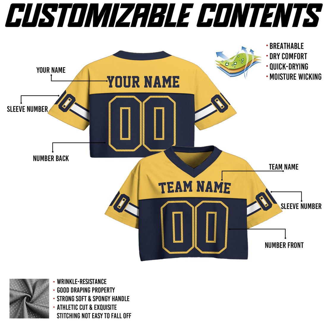 Personalized Yellow Navy Cropped Football Jersey, Gift for Her
