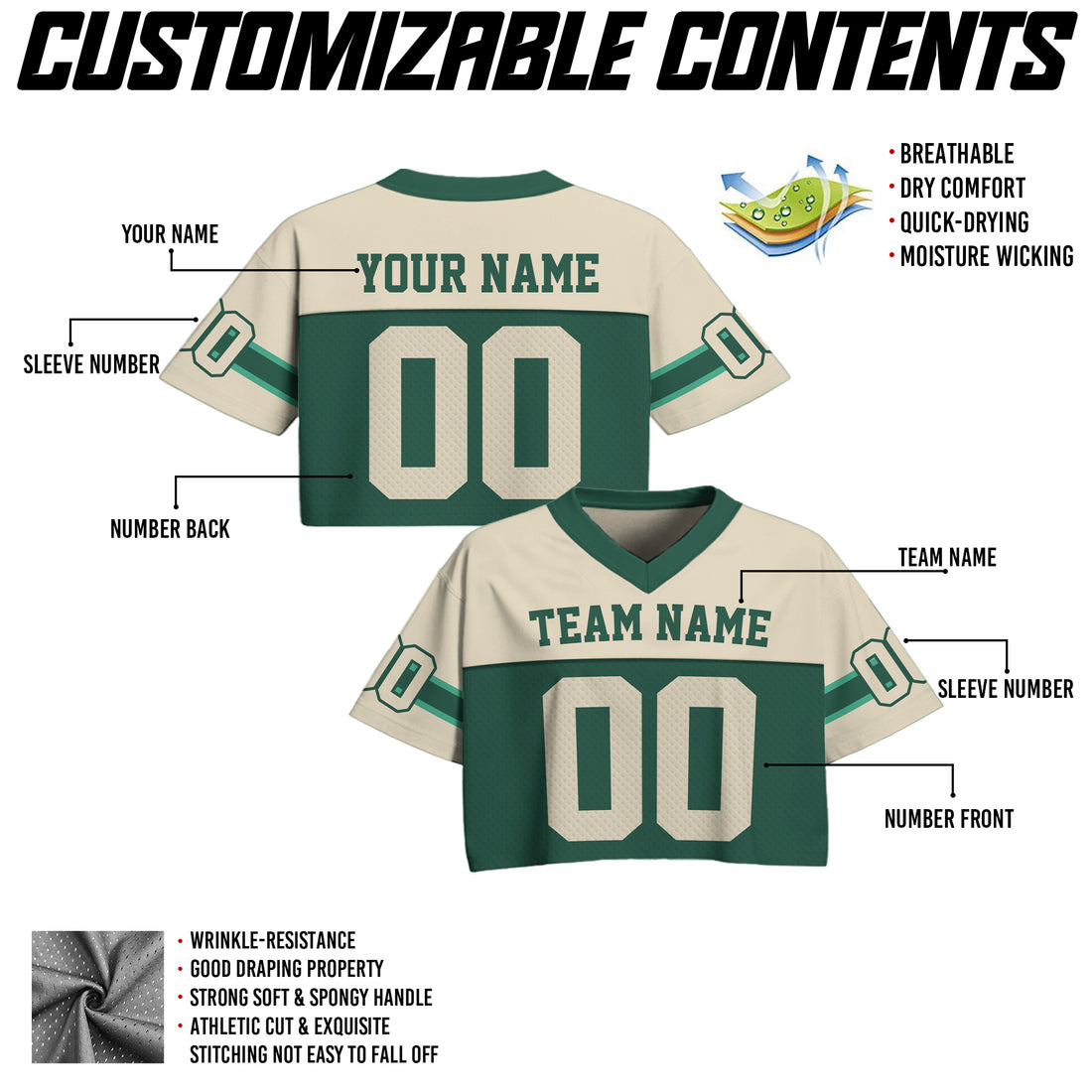 Personalized Green Beige Cropped Football Jersey, Vintage Cropped Football Jersey