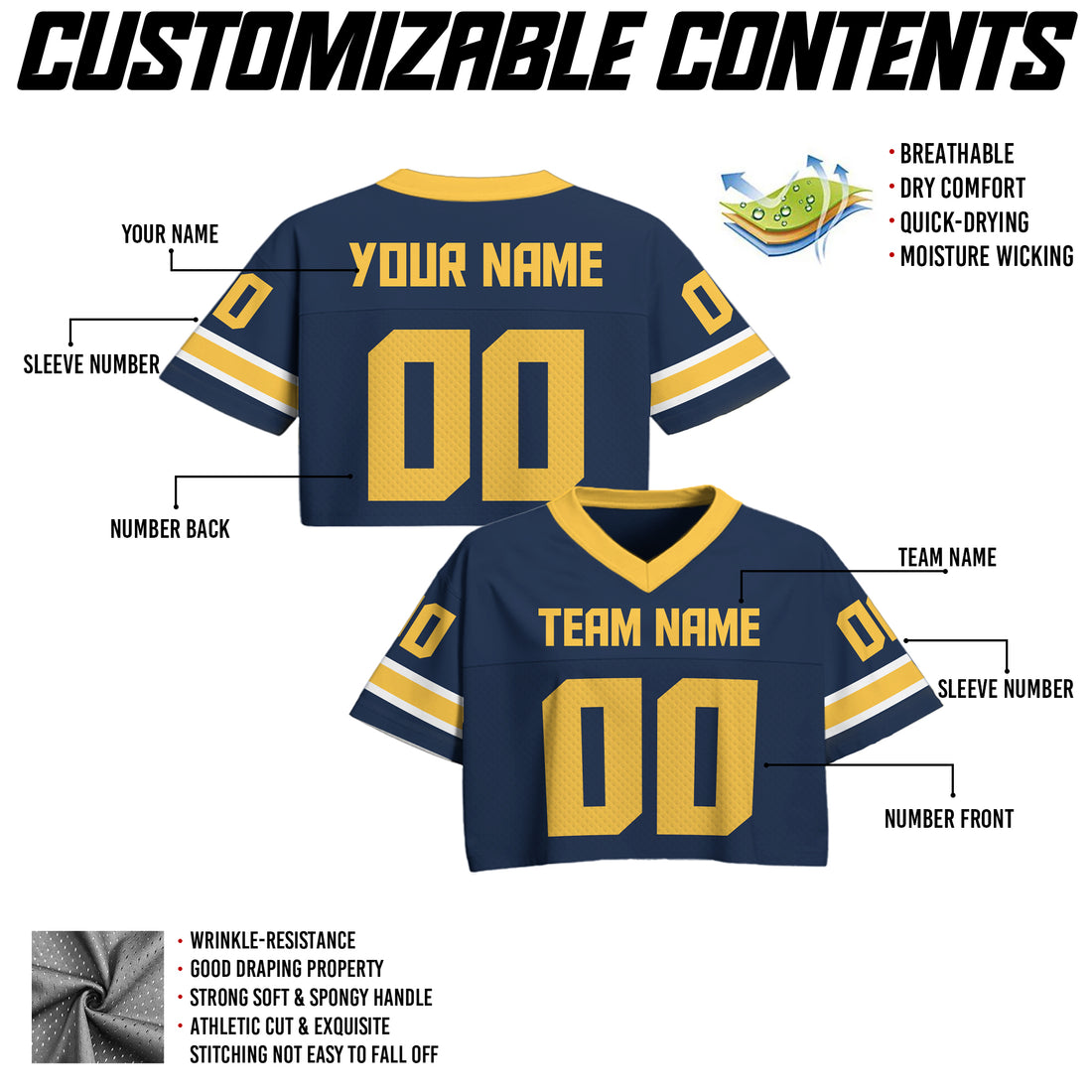 Custom Navy Blue Gold Cropped Football Jersey, Sports Girl Outfit