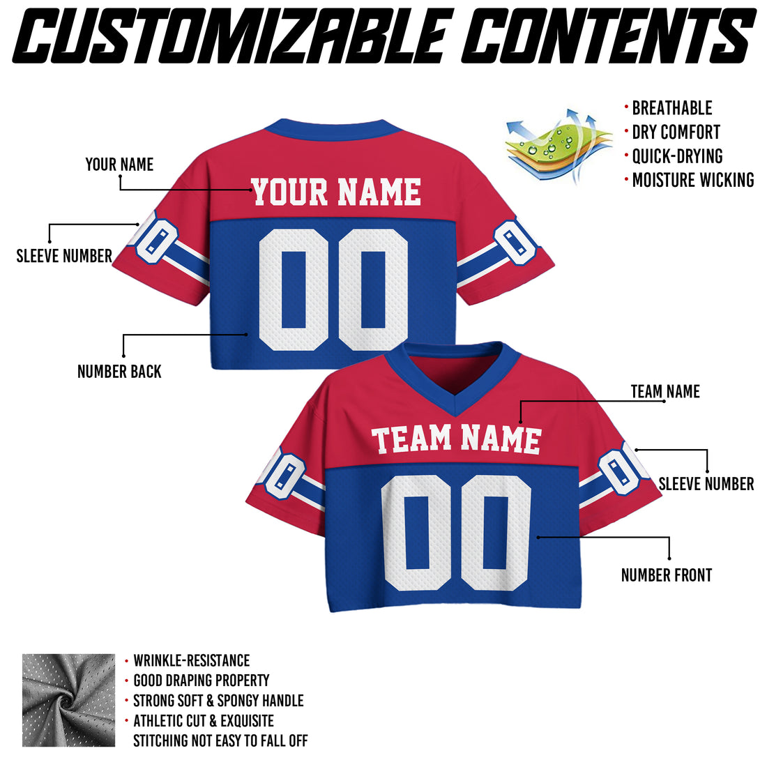 Custom Red Blue Cropped Football Jersey, Champion Mesh Cropped Football Jersey