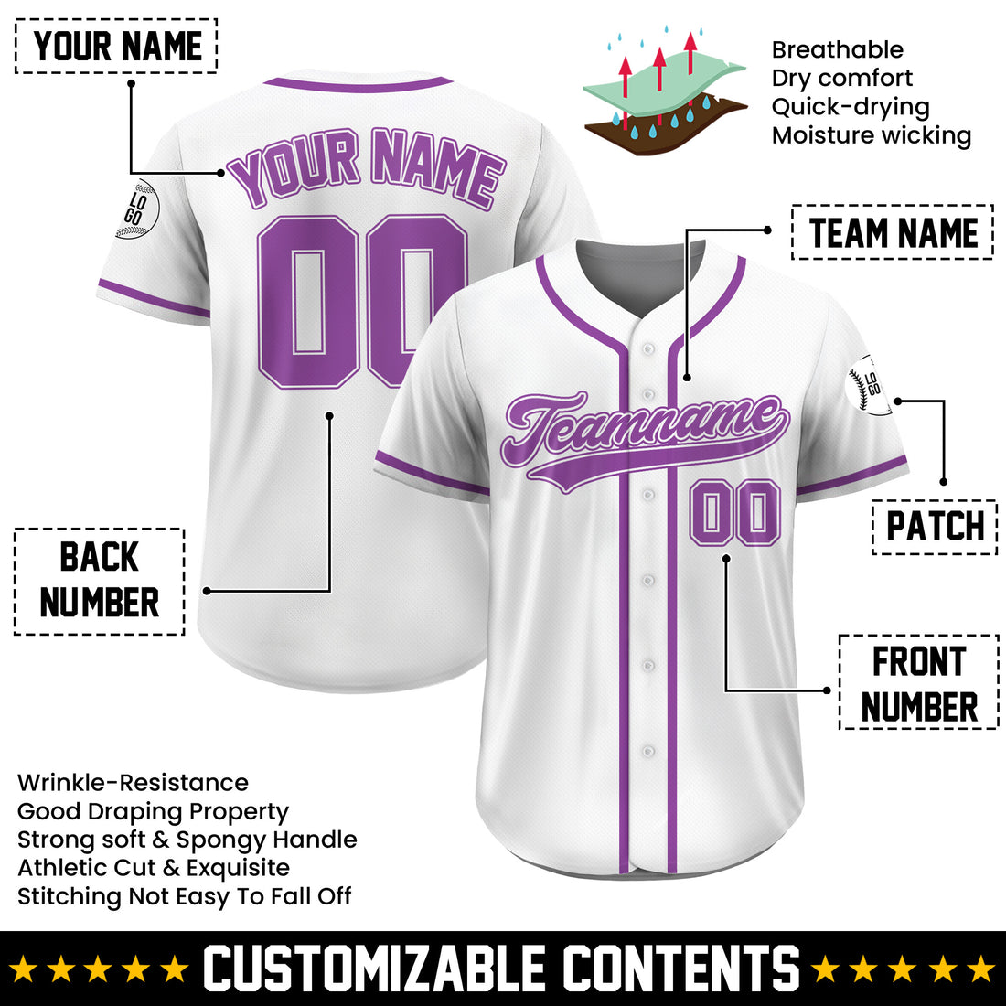 Custom Classic White Purple Baseball Jersey, Personalized Team Shirt with Name Number