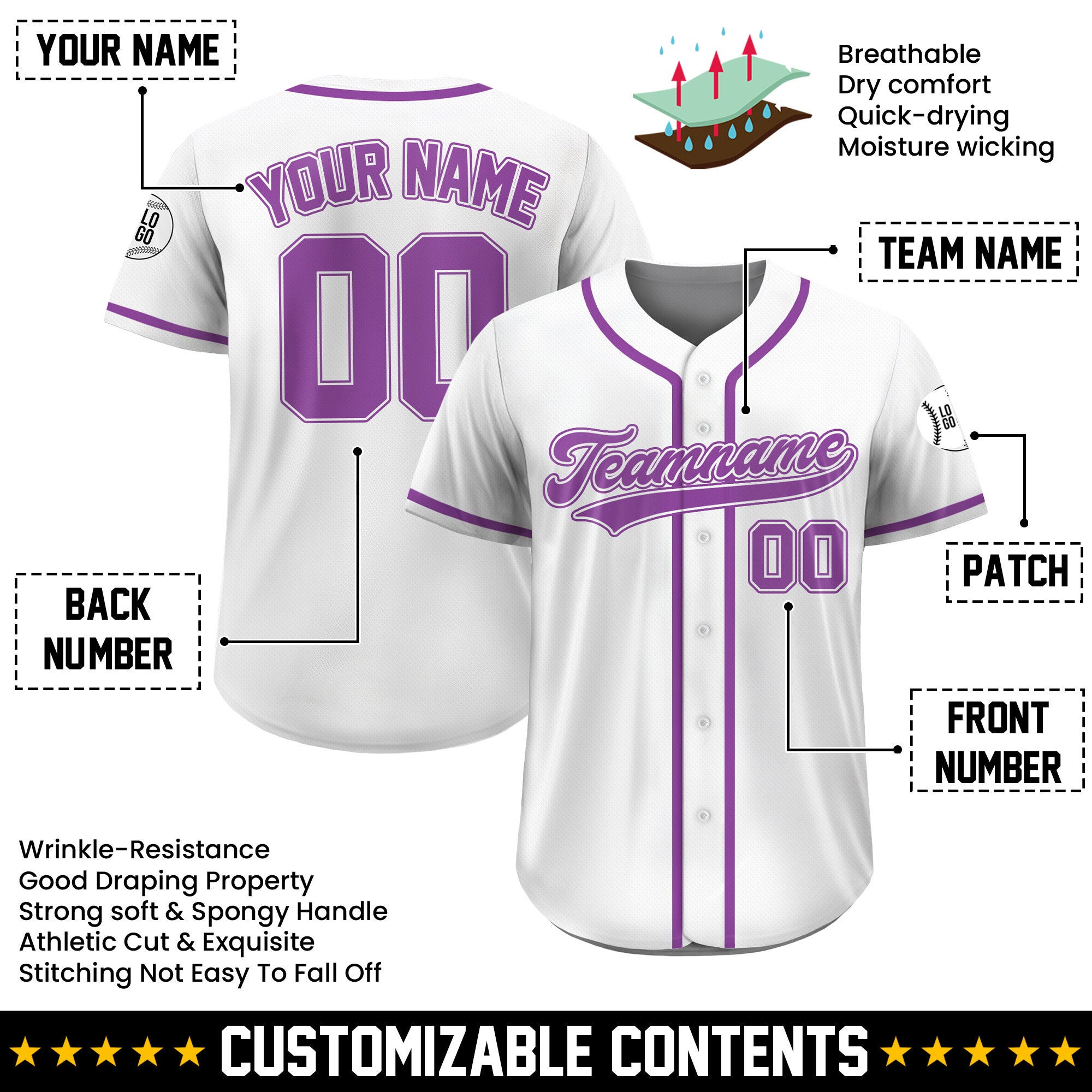 Custom Classic White Purple Baseball Jersey, Personalized Team Shirt with Name Number