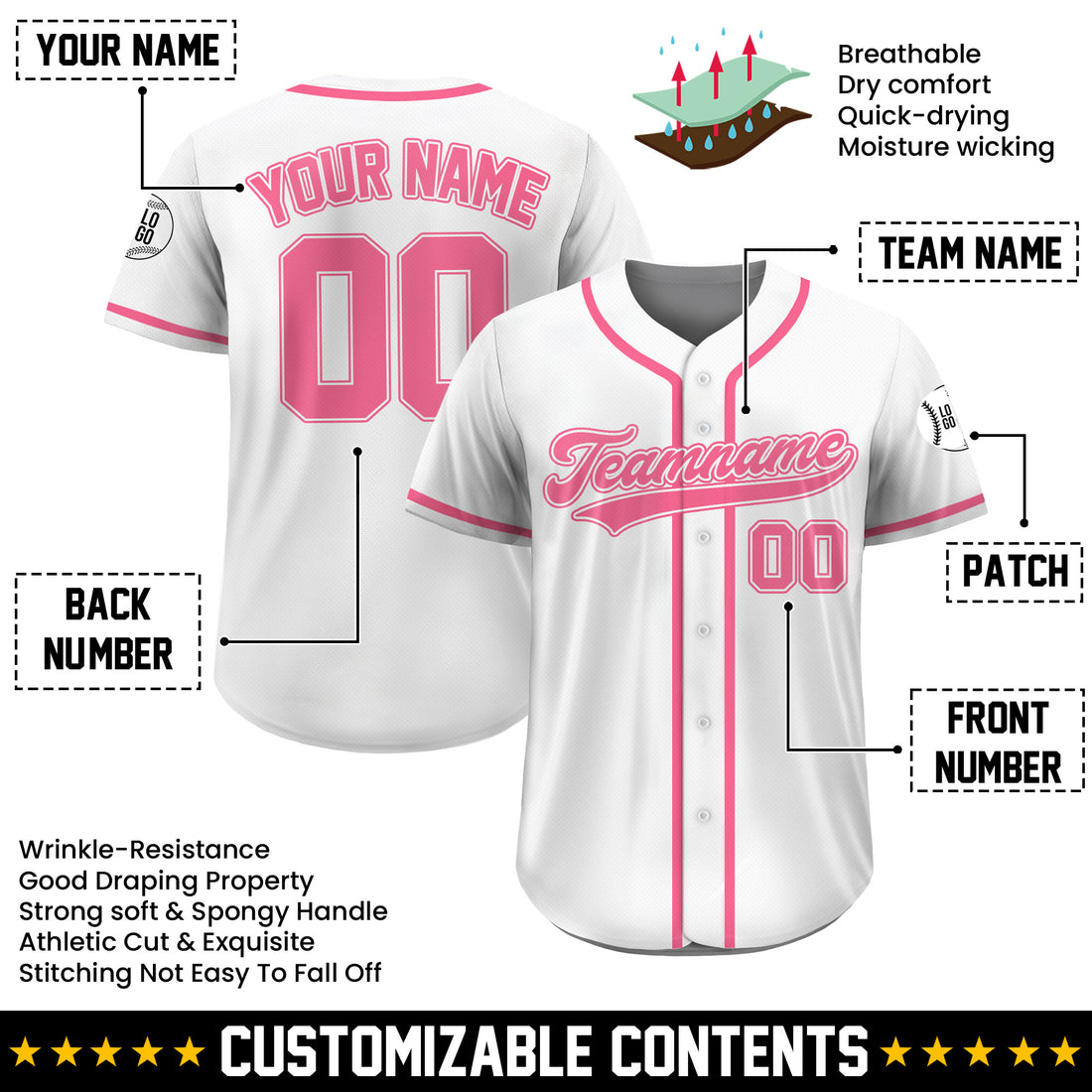 Custom White Light Pink Team Jersey, Personalized Team Baseball Shirt With Name Number