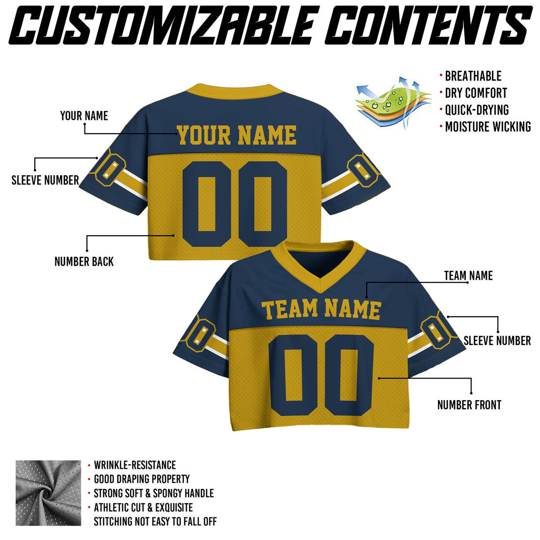 Personalized Navy Gold Cropped Football Jersey, Trendy Cropped Football Jersey Top for Women
