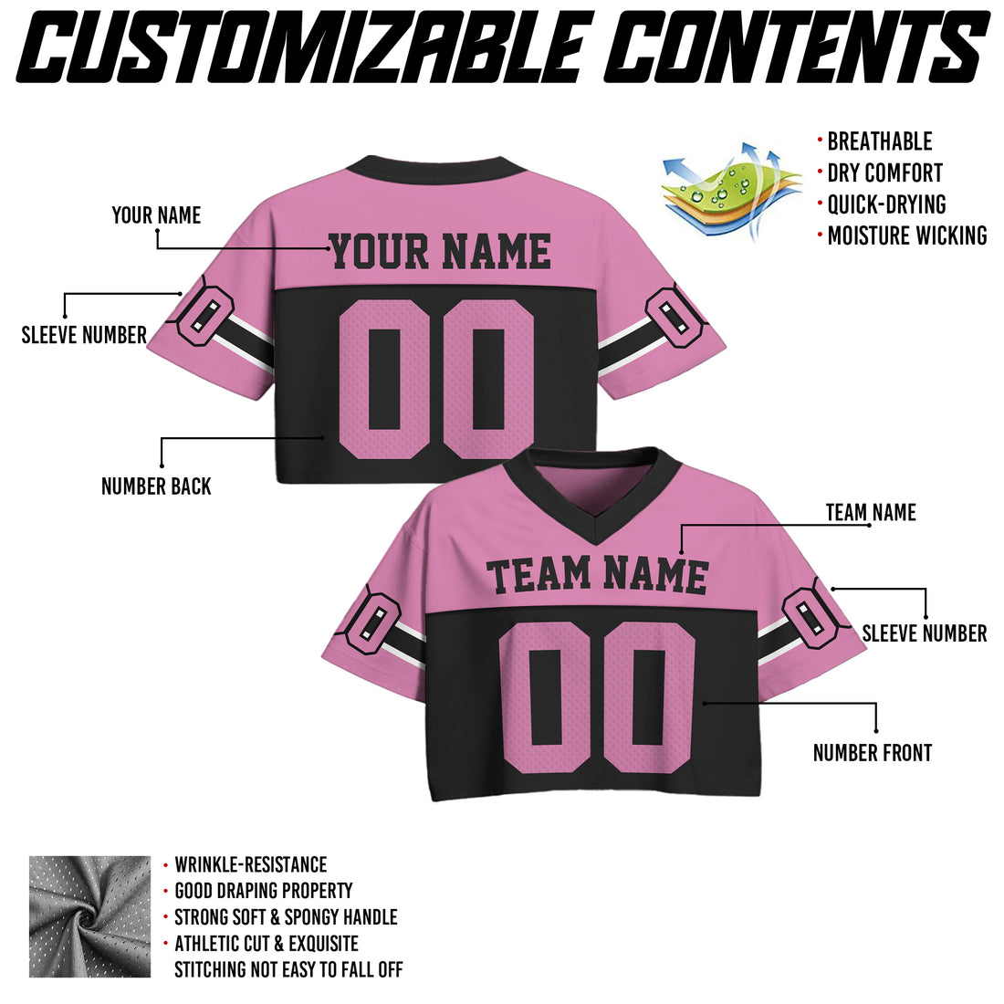Personalized Pink Black Cropped Football Jersey, Fashionable Cropped Jersey for a Gameday Outfit