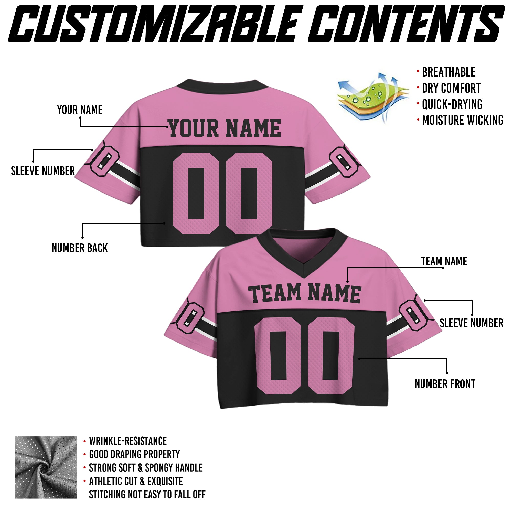 Personalized Pink Black Cropped Football Jersey, Fashionable Cropped Jersey for a Gameday Outfit