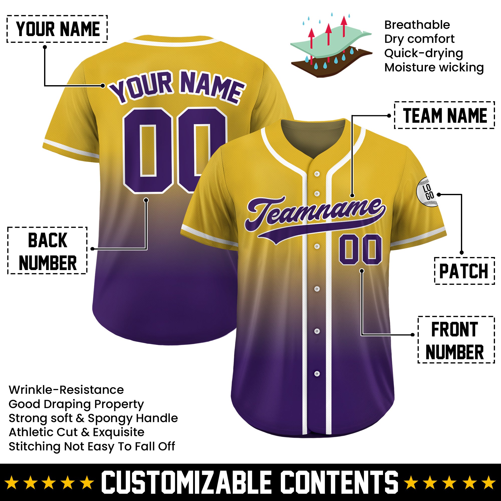 Custom Royal Gold Fade Gradient Baseball Jersey
