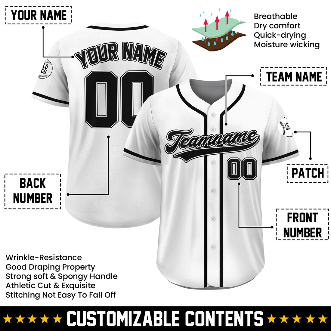 Custom Classic White Black Baseball Jersey, Personalized Name Number Uniform for Men Women Youth