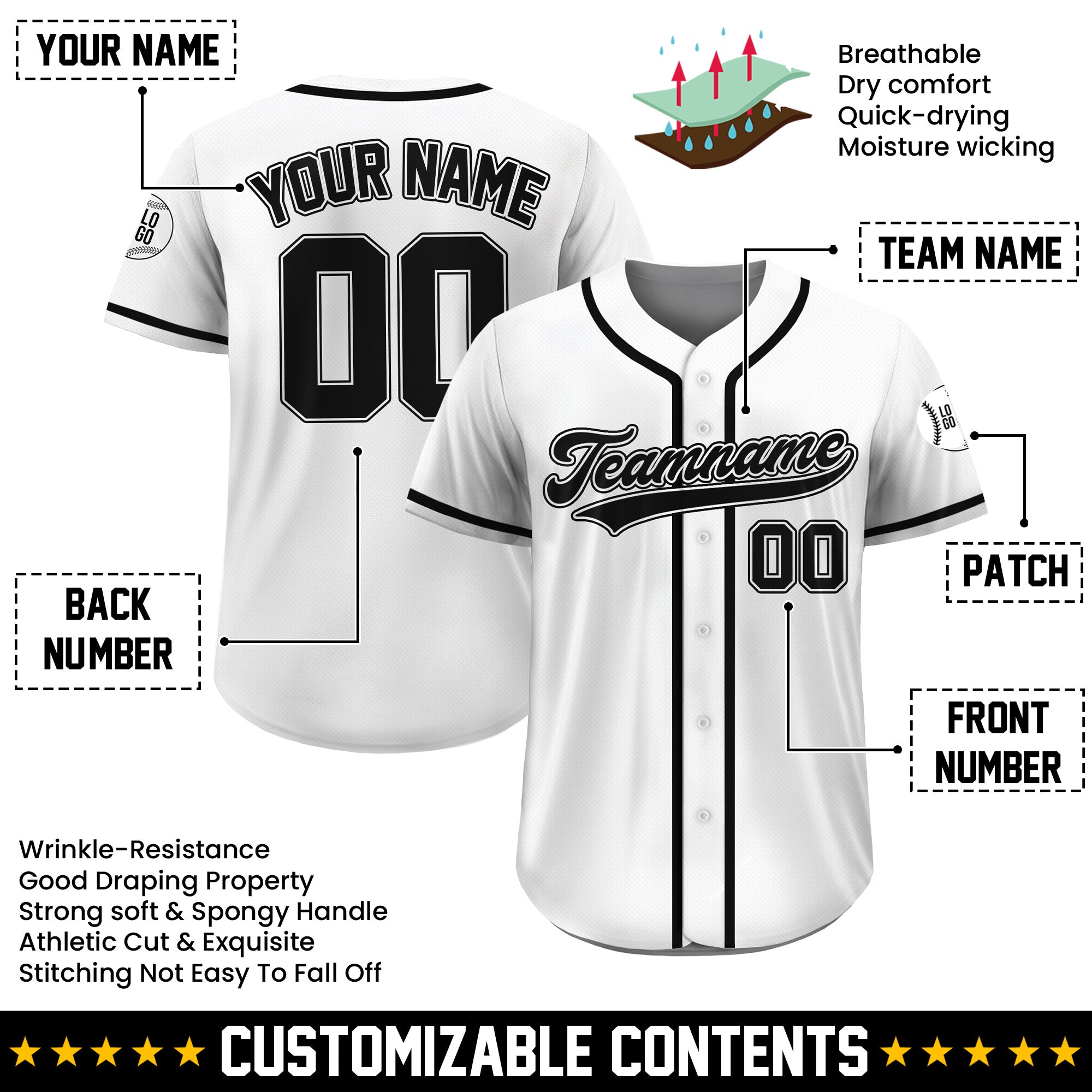 Custom Classic White Black Baseball Jersey, Personalized Name Number Uniform for Men Women Youth