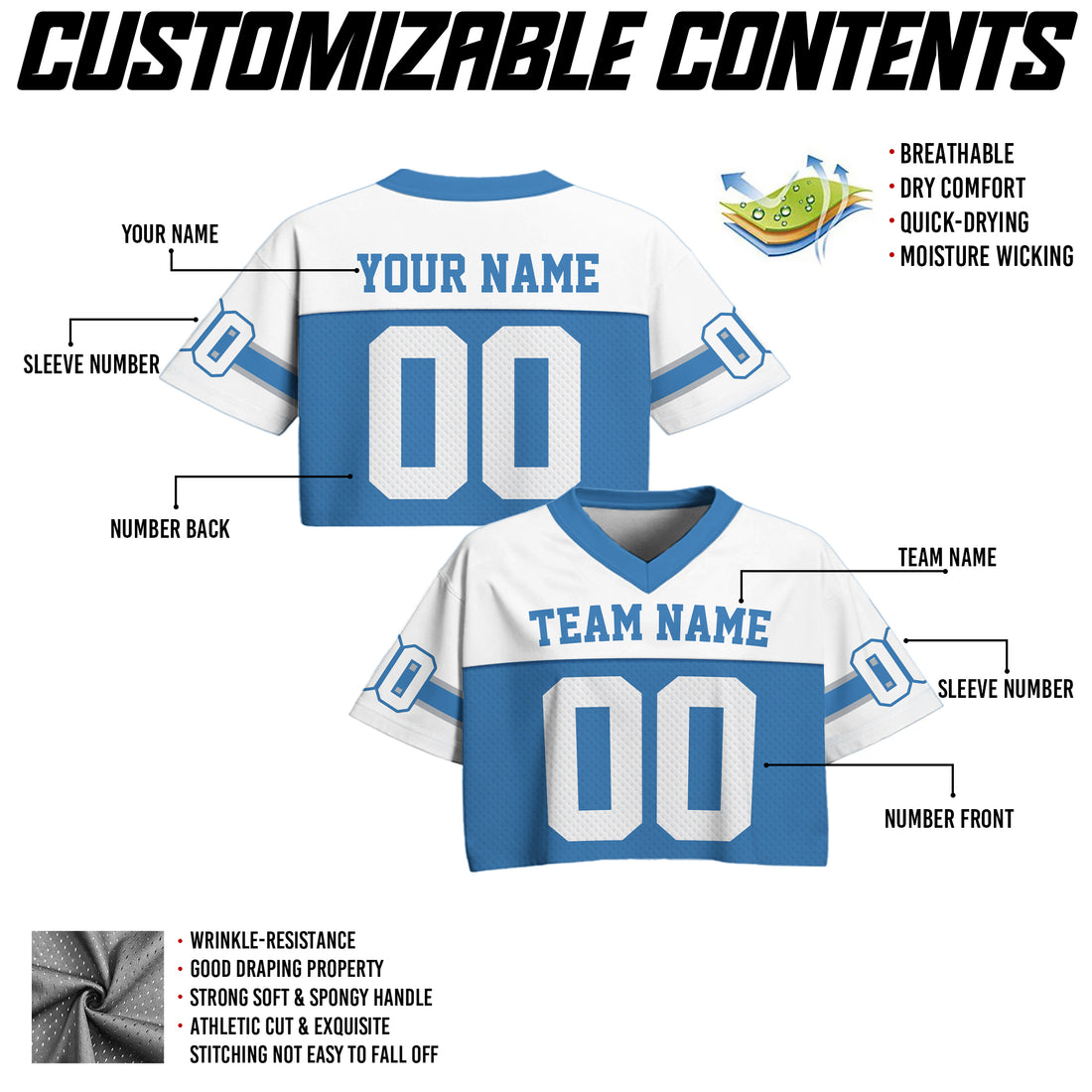 Personalized White Blue Cropped Football Jersey, College Football Crop Top Jersey