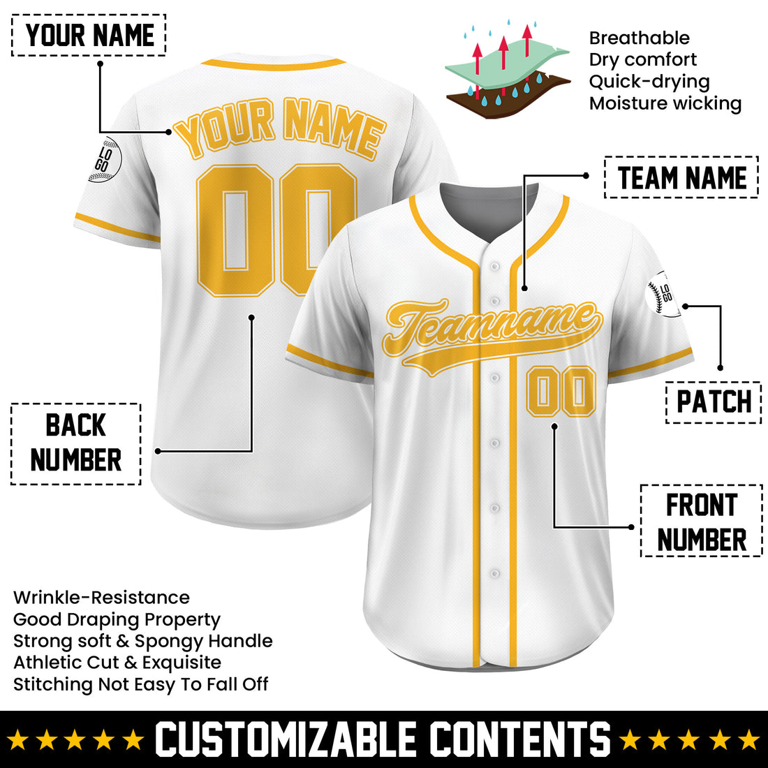 Custom White Gold Baseball Jersey, Personalized Team Shirt for All Ages