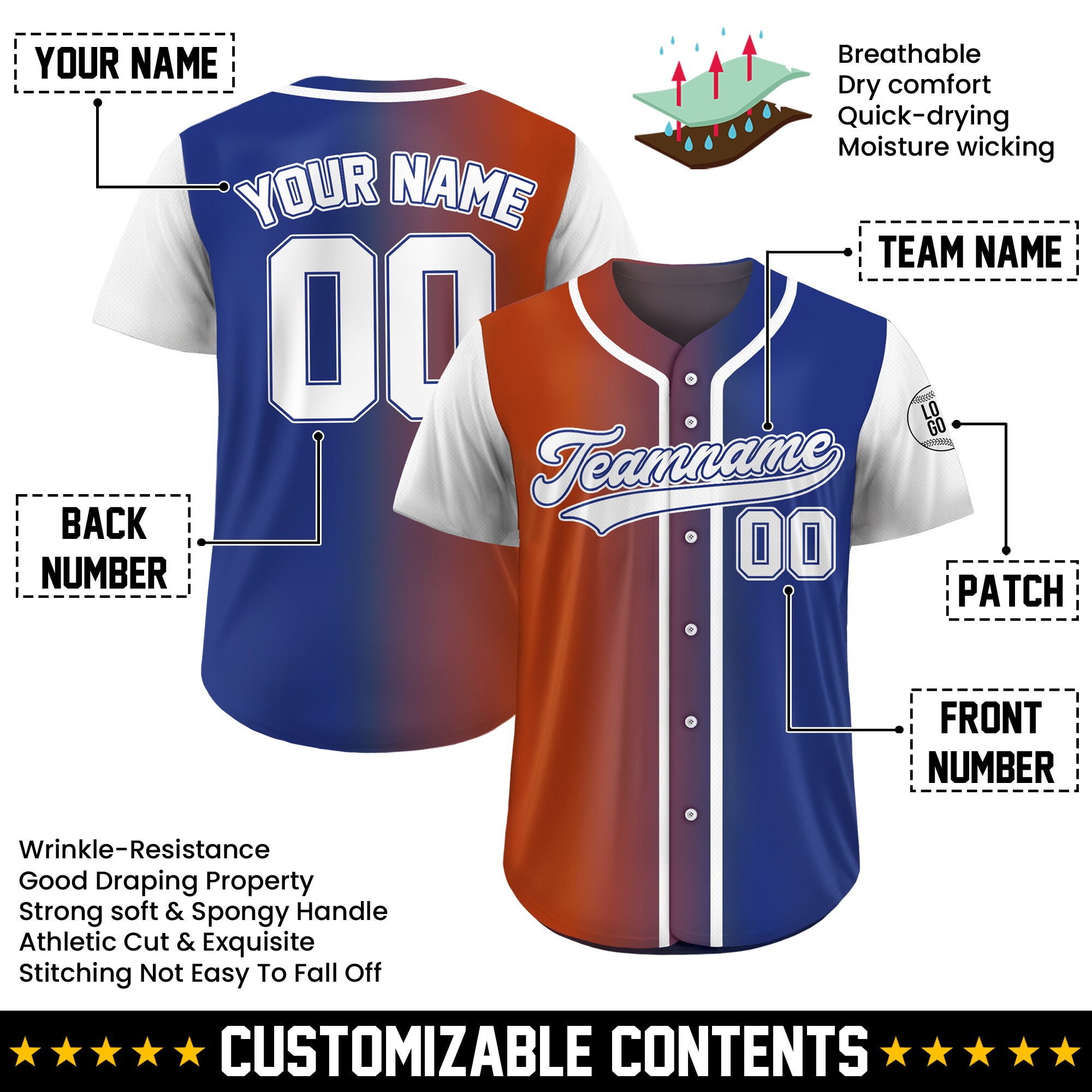 Custom Victory Split Fade Gradient Baseball Jersey