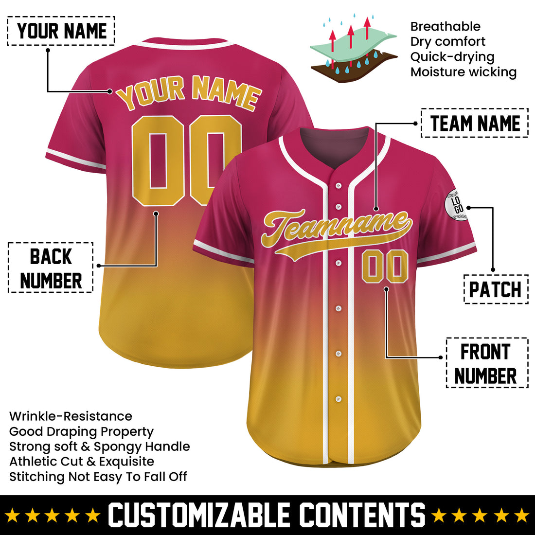 Custom Sunset Gold Fade Gradient Baseball Jersey