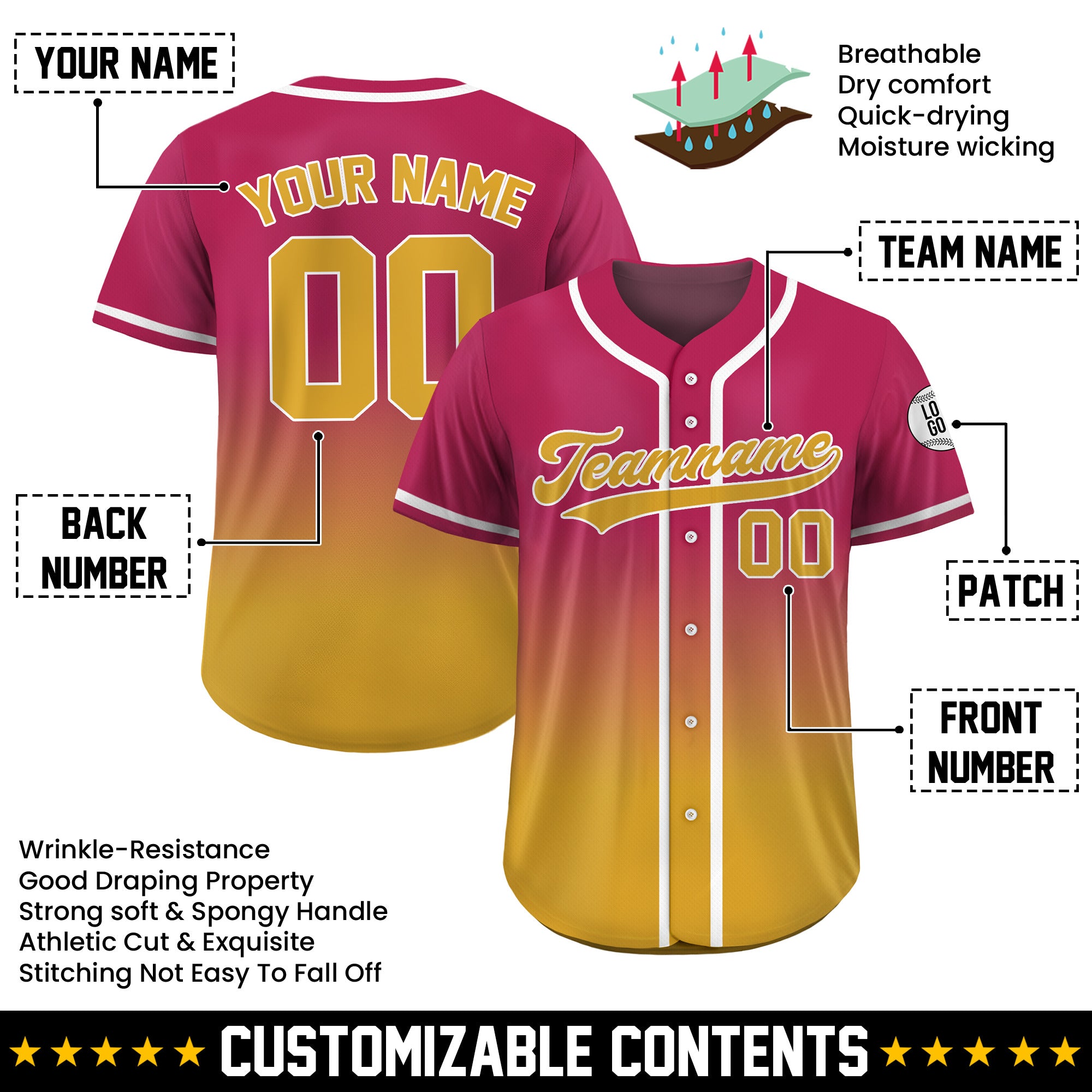 Custom Sunset Gold Fade Gradient Baseball Jersey
