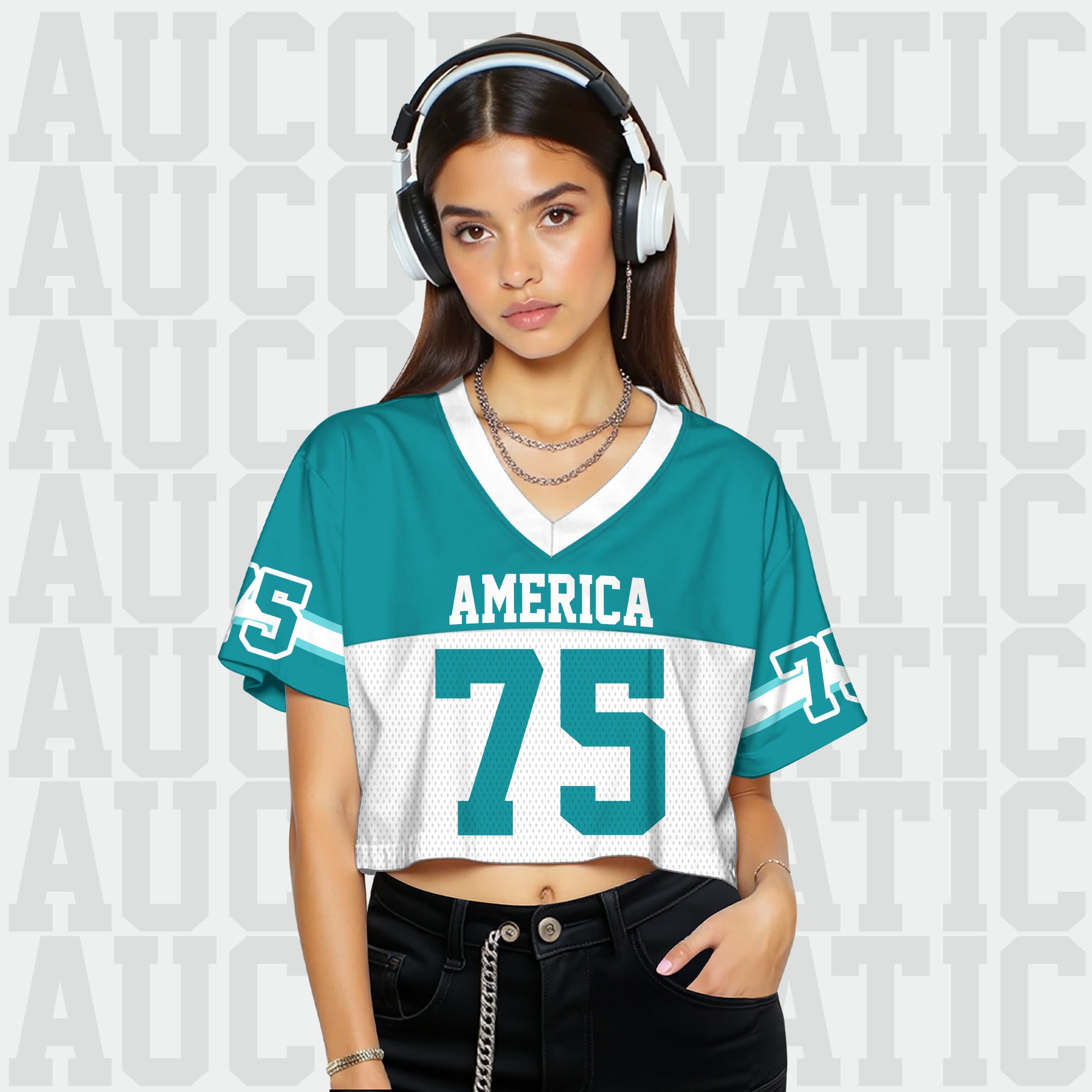Custom Aqua White Cropped Football Jersey, Cute Football Jersey Crop Top