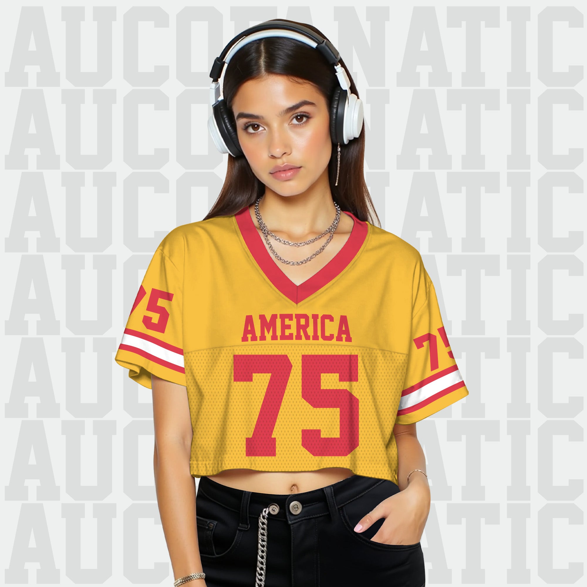Custom Gold Red Cropped Football Jersey, Personalized Women’s Game Day Outfit