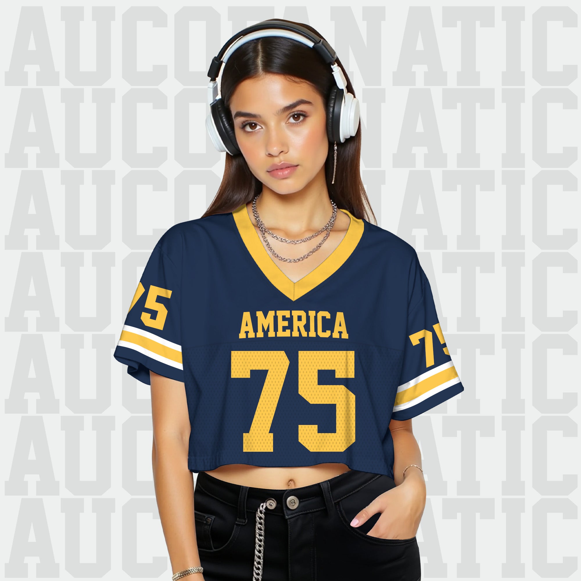 Custom Navy Blue Gold Cropped Football Jersey, Sports Girl Outfit