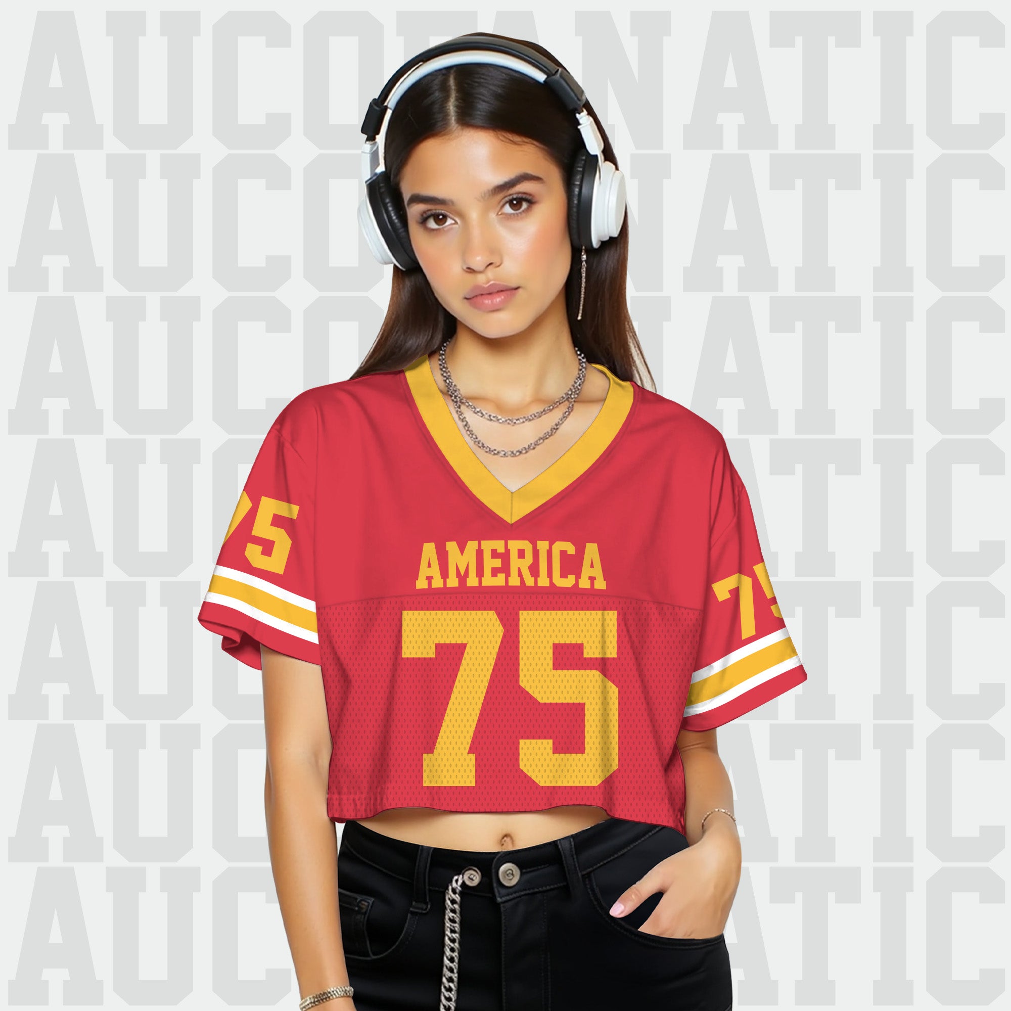 Custom Red Gold Cropped Football Jersey, Personalized Women’s Game Day Outfit