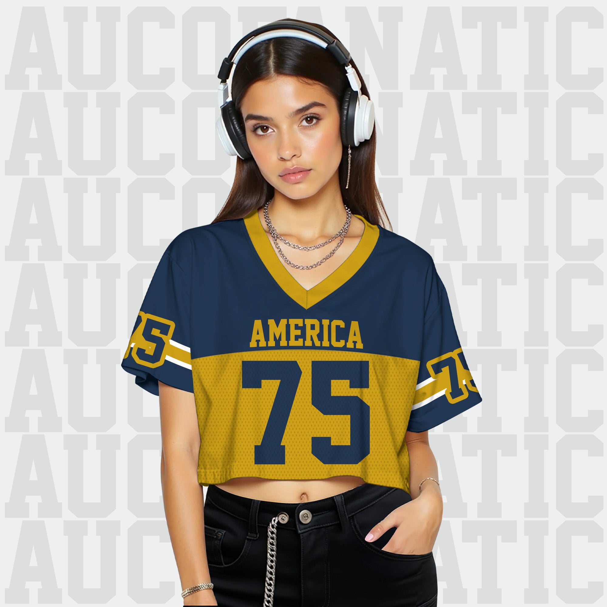 Personalized Navy Gold Cropped Football Jersey, Trendy Cropped Football Jersey Top for Women