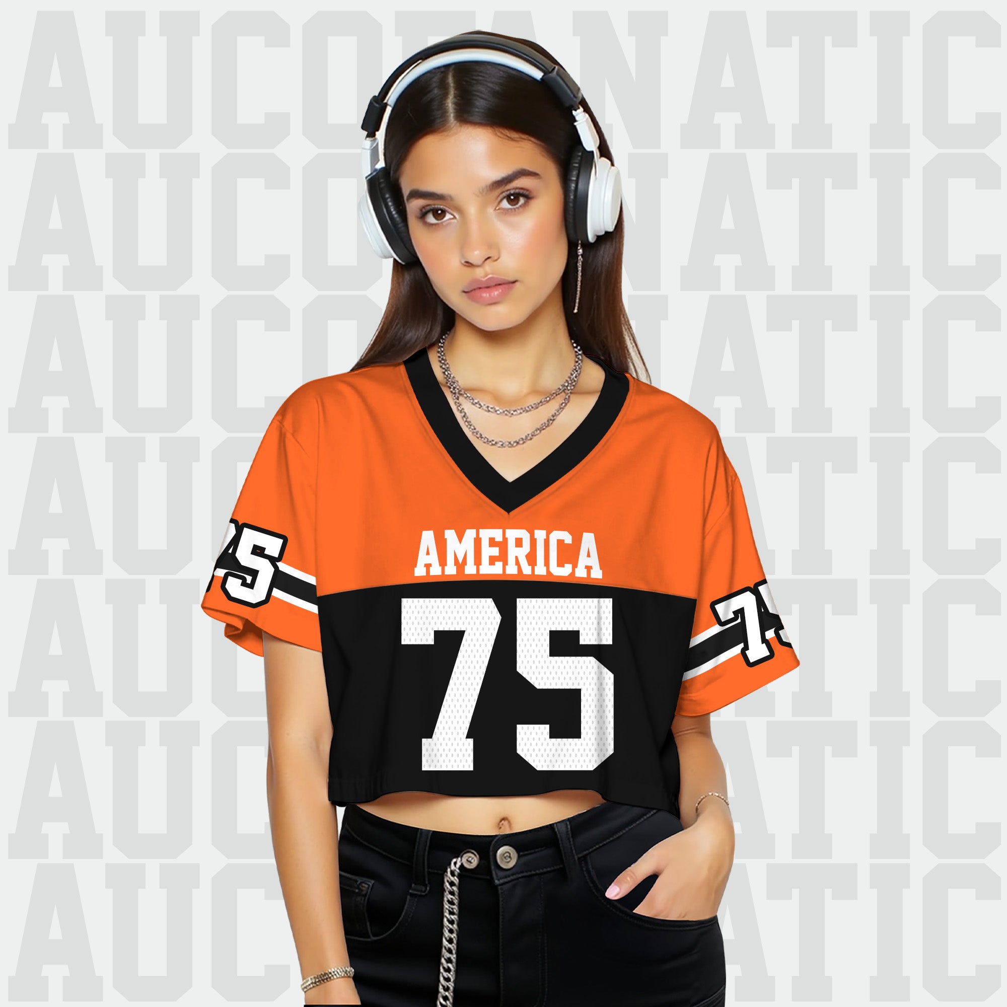 Personalized Orange Black Cropped Football Jersey, Gift for Her