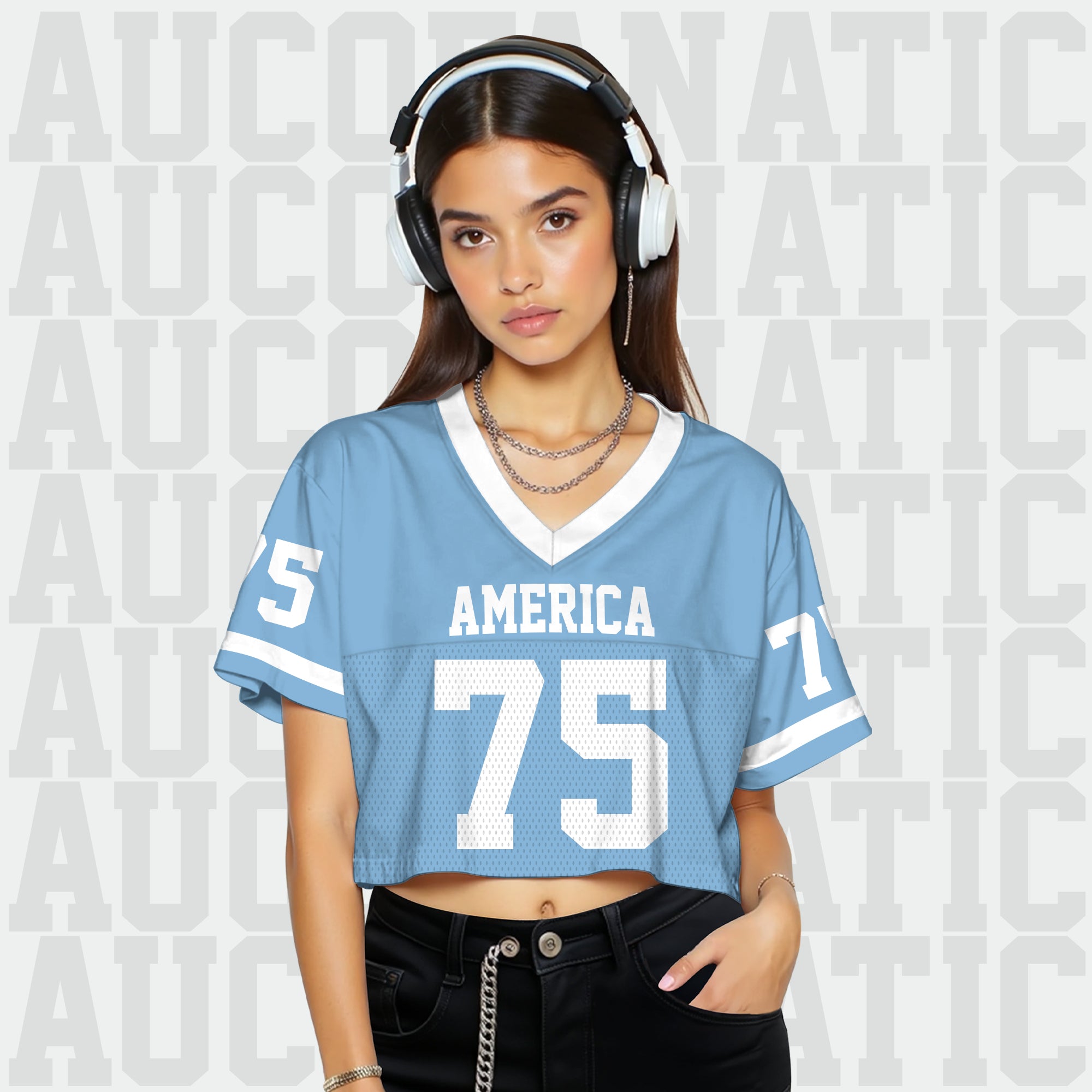 Personalized Light Blue White Cropped Football Jersey, Girls Streetwear Cropped Jerseys Shirt