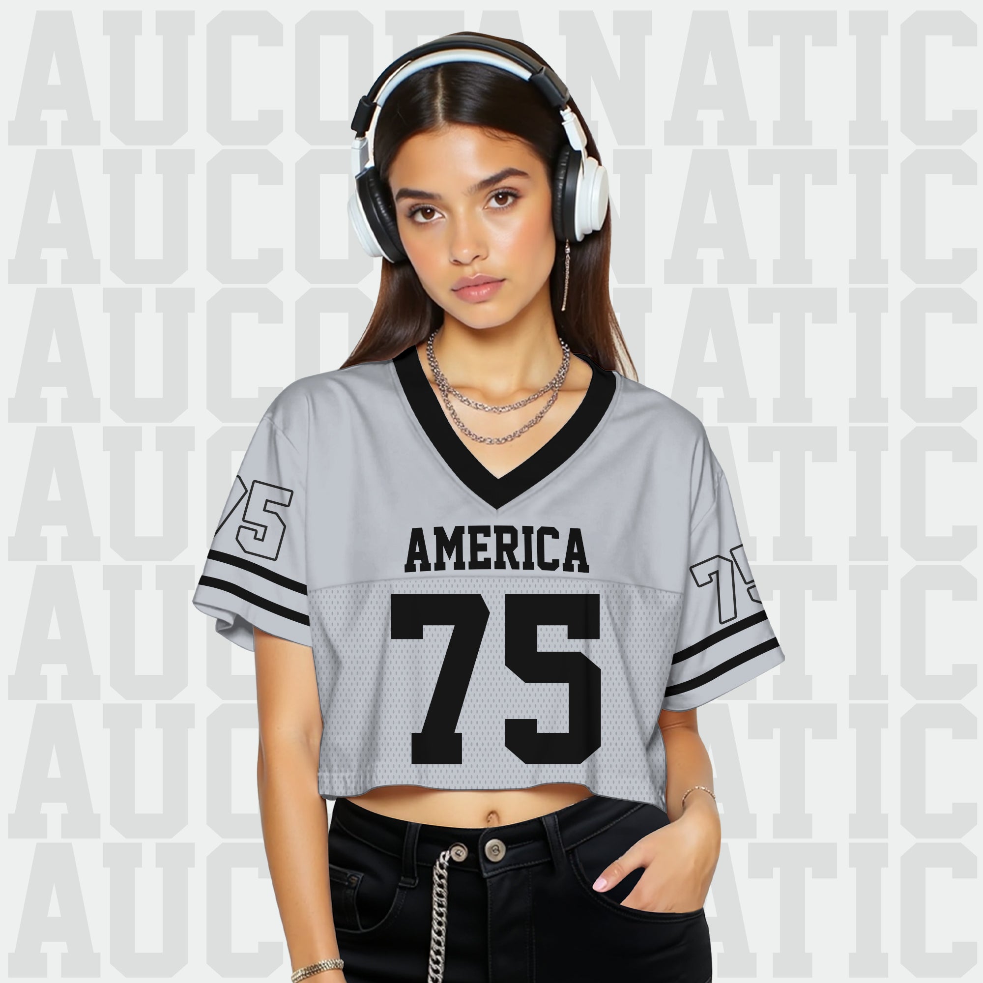 Custom Gray Black Cropped Football Jersey, Trendy Cropped Football Jersey Top for Women