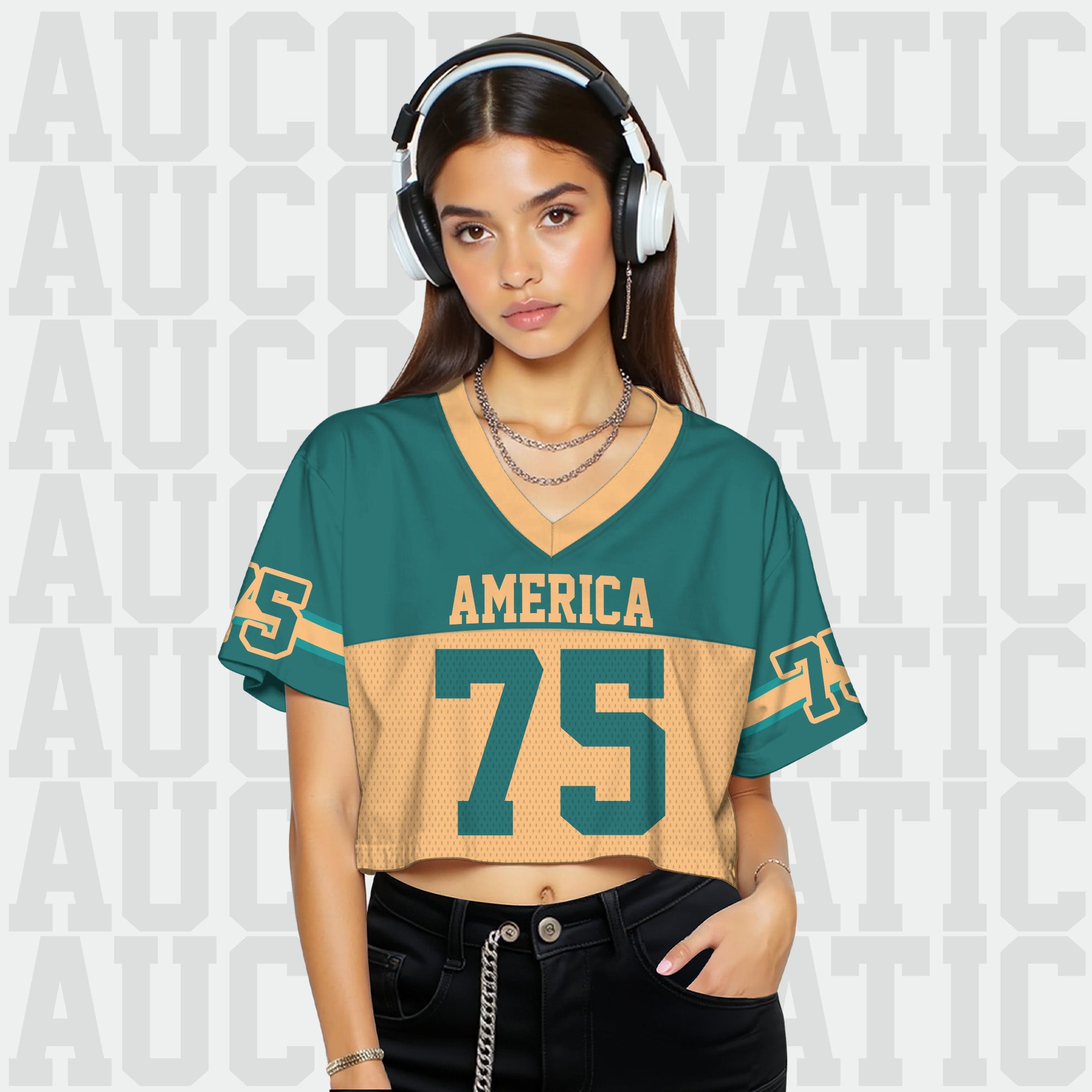 Personalized Teal Gold Cropped Football Jersey, Sporty Cropped Football Jersey for Concerts and Festivals