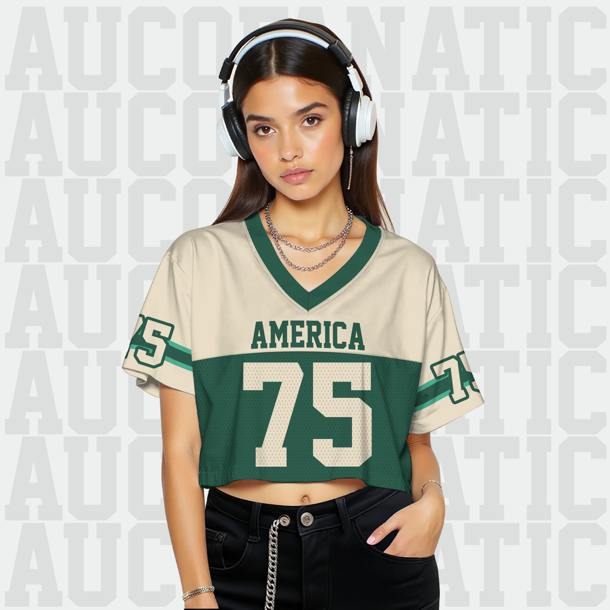 Personalized Green Beige Cropped Football Jersey, Vintage Cropped Football Jersey