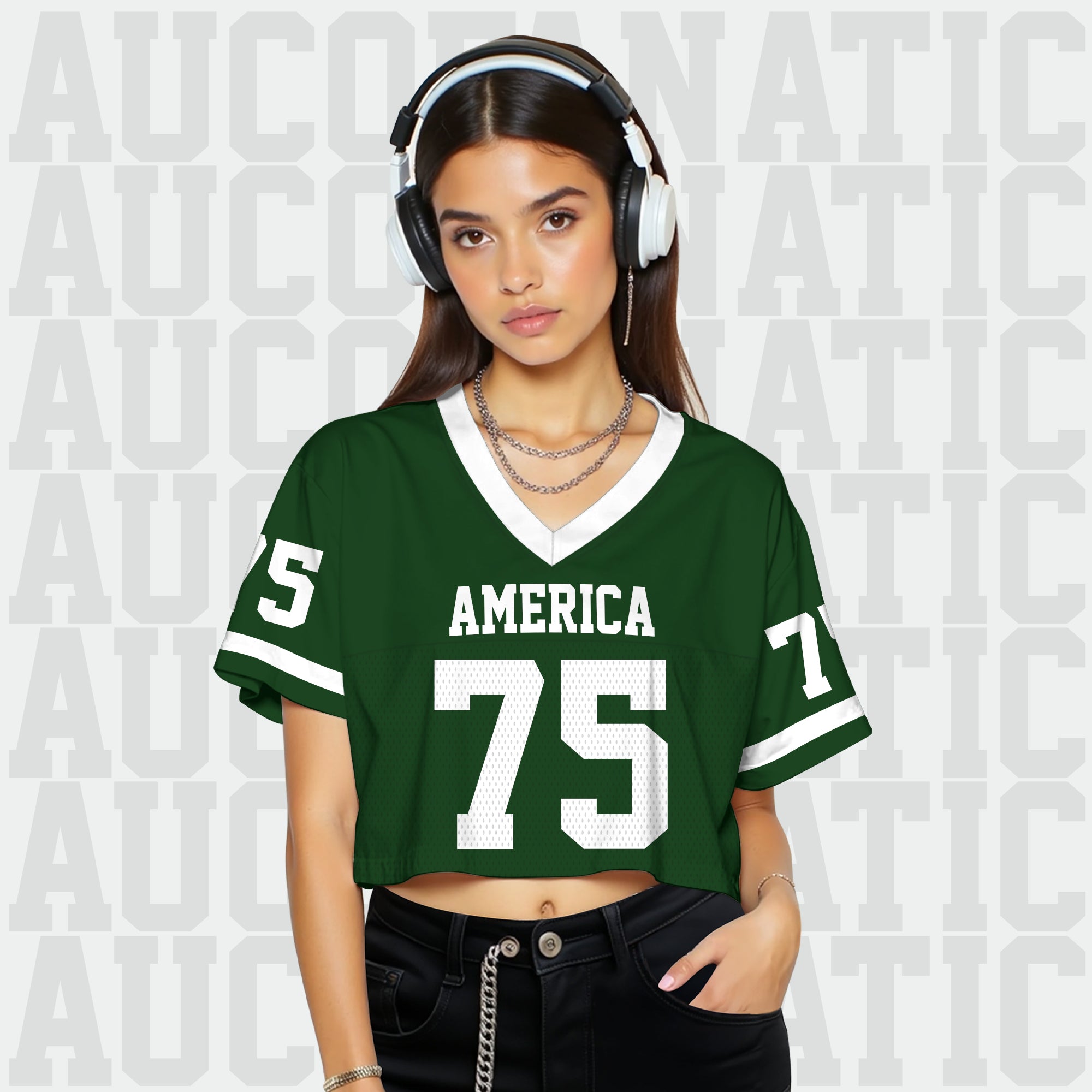 Personalized Green White Cropped Football Jersey, Relaxed Fit Cropped American Football Jersey