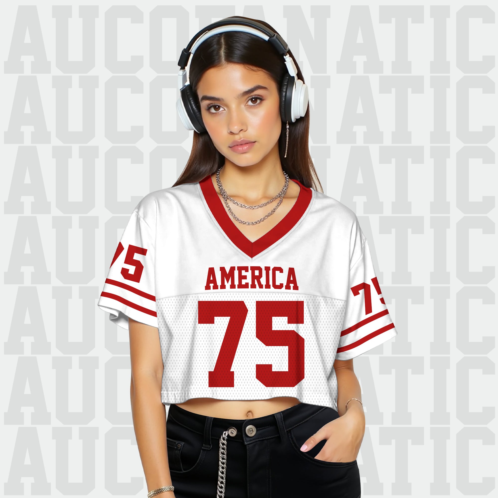 Custom White and Red Cropped Football Jersey, Personalized Women’s Game Day Top