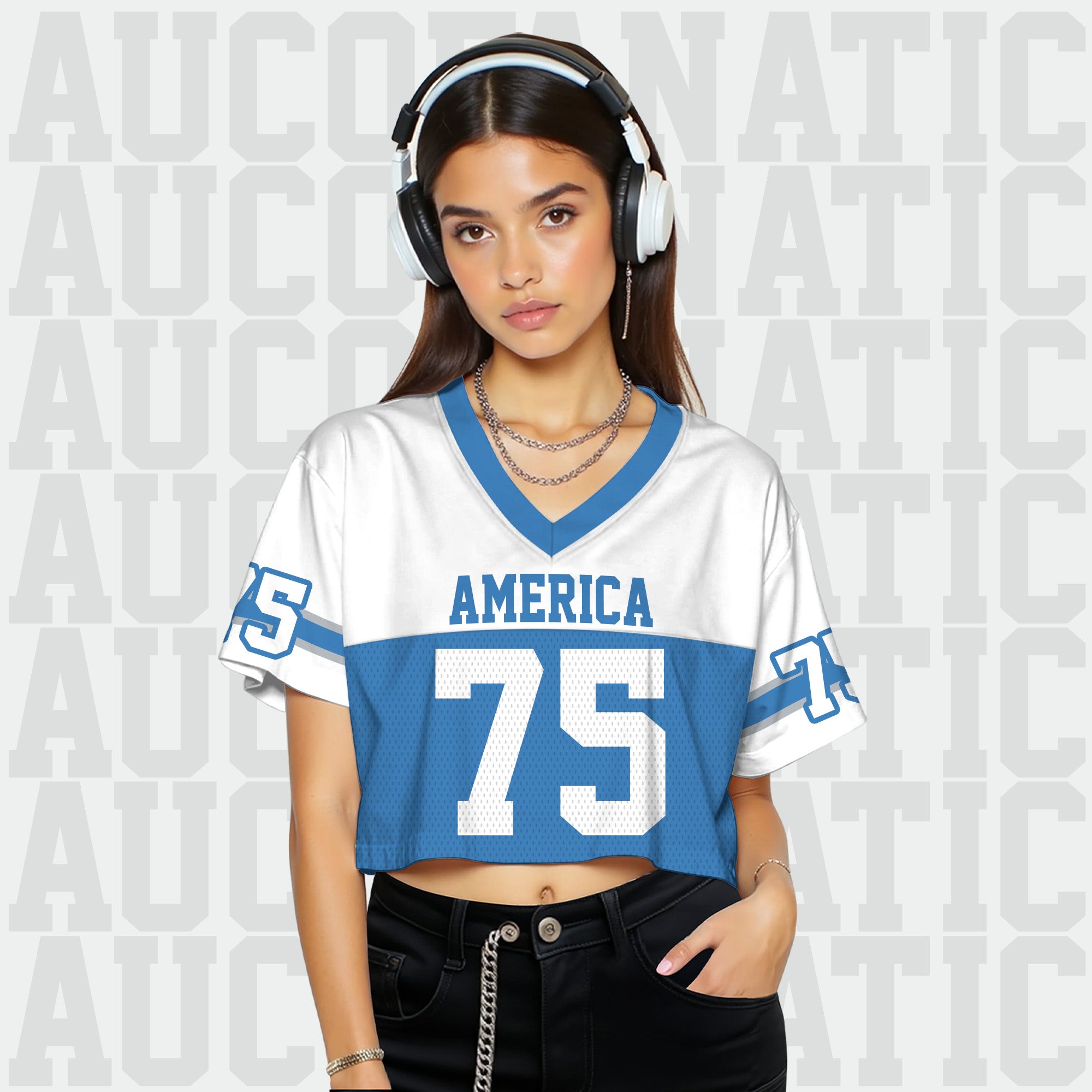 Personalized White Blue Cropped Football Jersey, College Football Crop Top Jersey