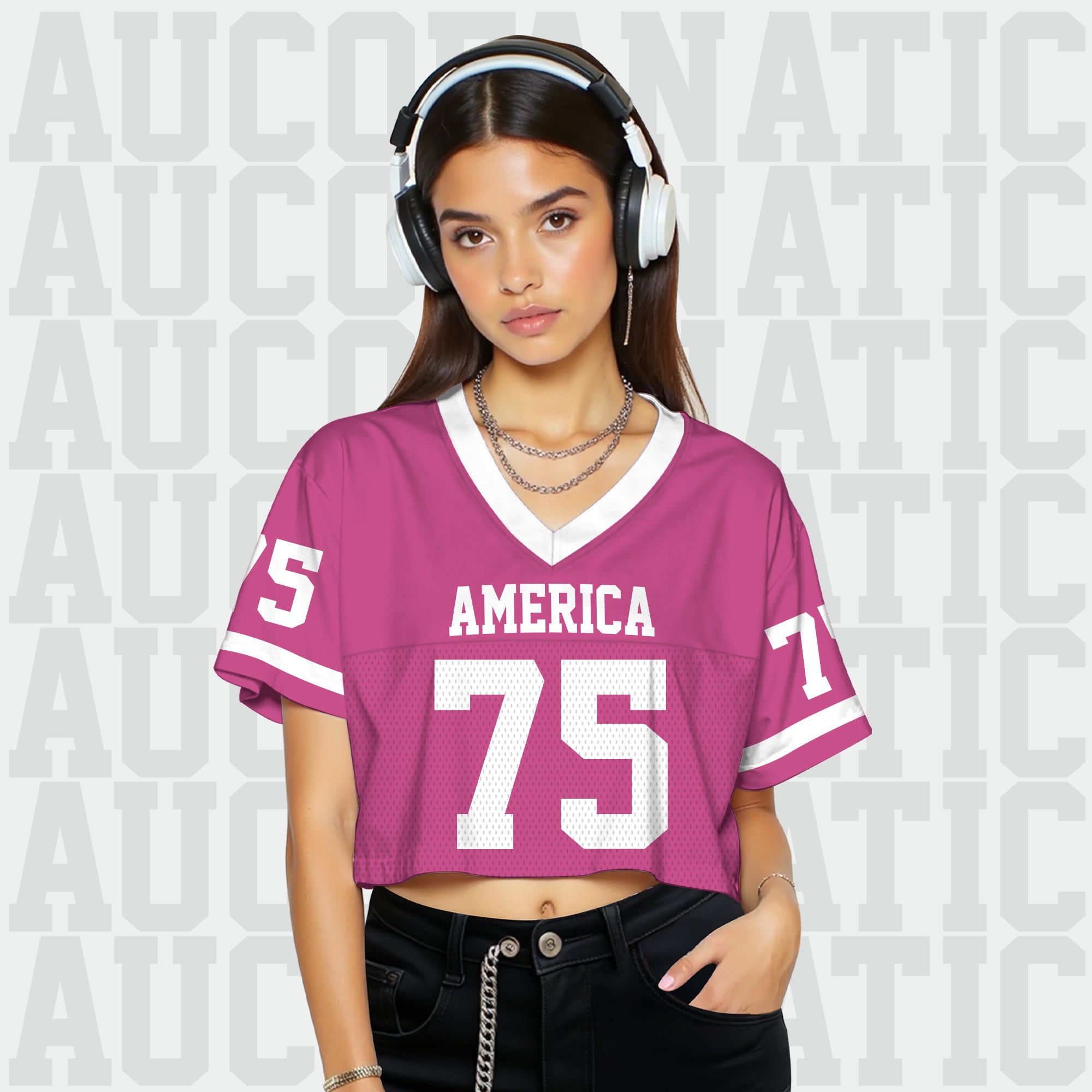Personalized Pink White Cropped Football Jersey, Trendy Cropped Football Jersey Top for Women