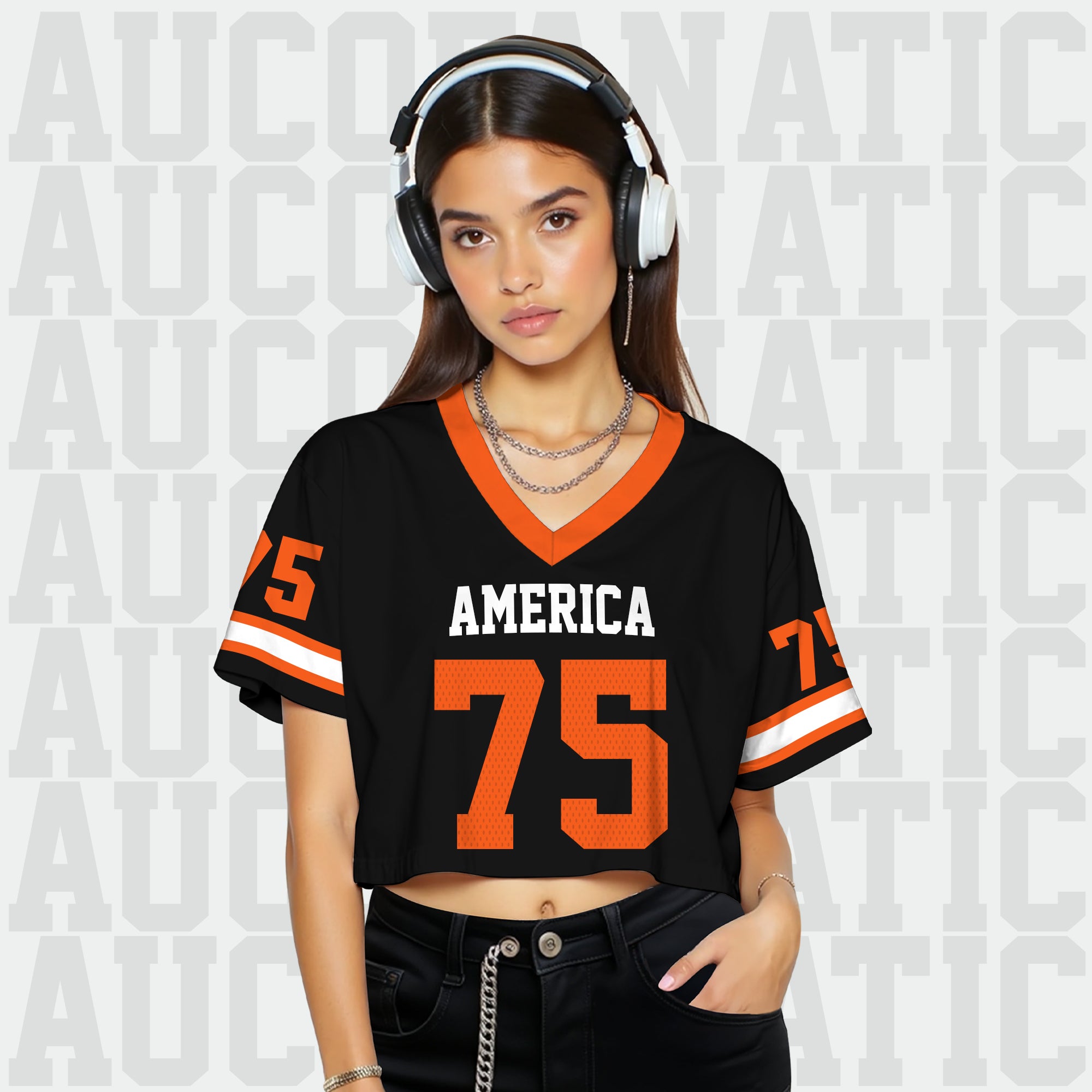 Custom Black and Orange Cropped Football Jersey, Gift for Her