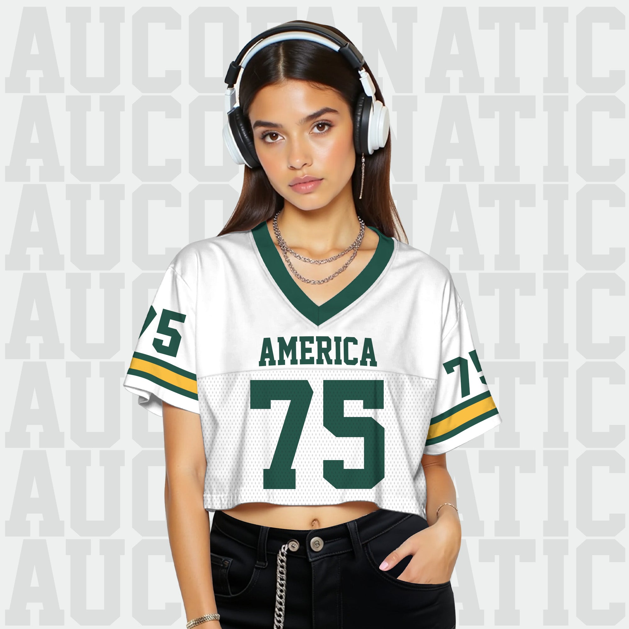 Custom White Green Cropped Football Jersey with Gold Stripes, Personalized Women’s Game Day Outfit