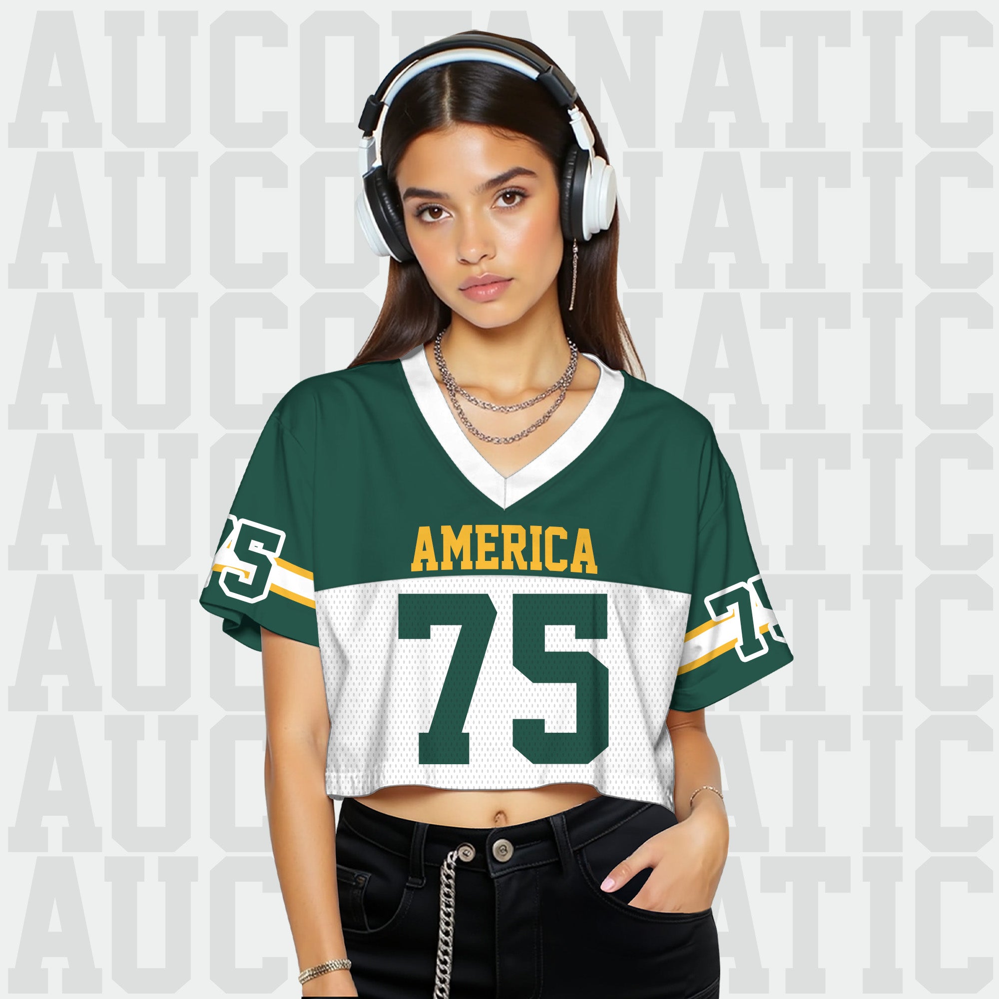Custom Green White Cropped Football Jersey, Gameday Cropped Football Jersey