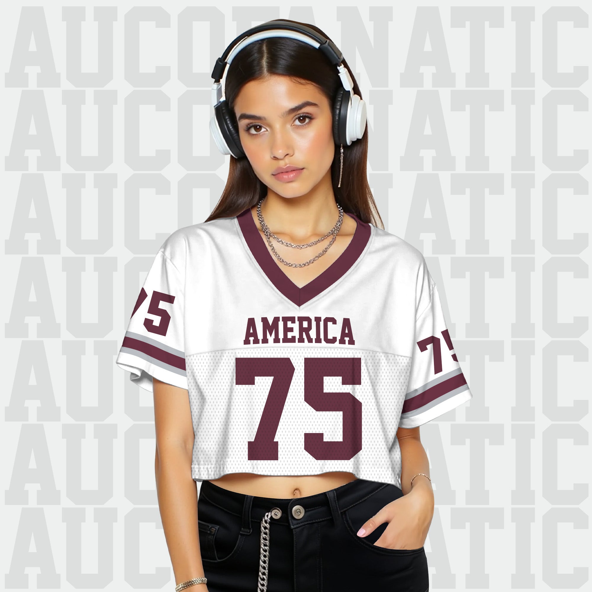Custom White & Maroon Cropped Football Jersey, Personalized Women’s Game Day Outfit
