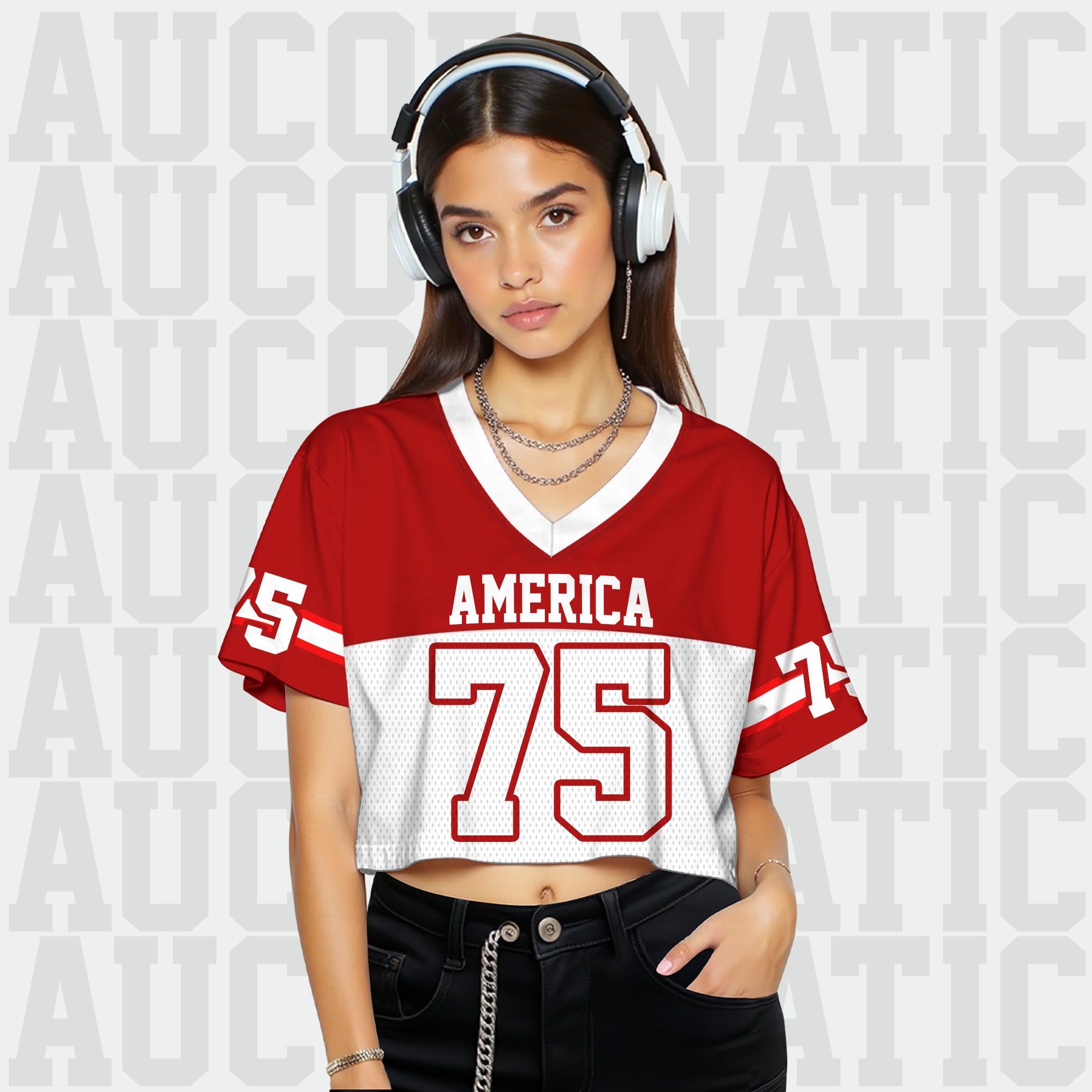 Custom Red White Cropped Football Jersey, Streetwear for Women Girl