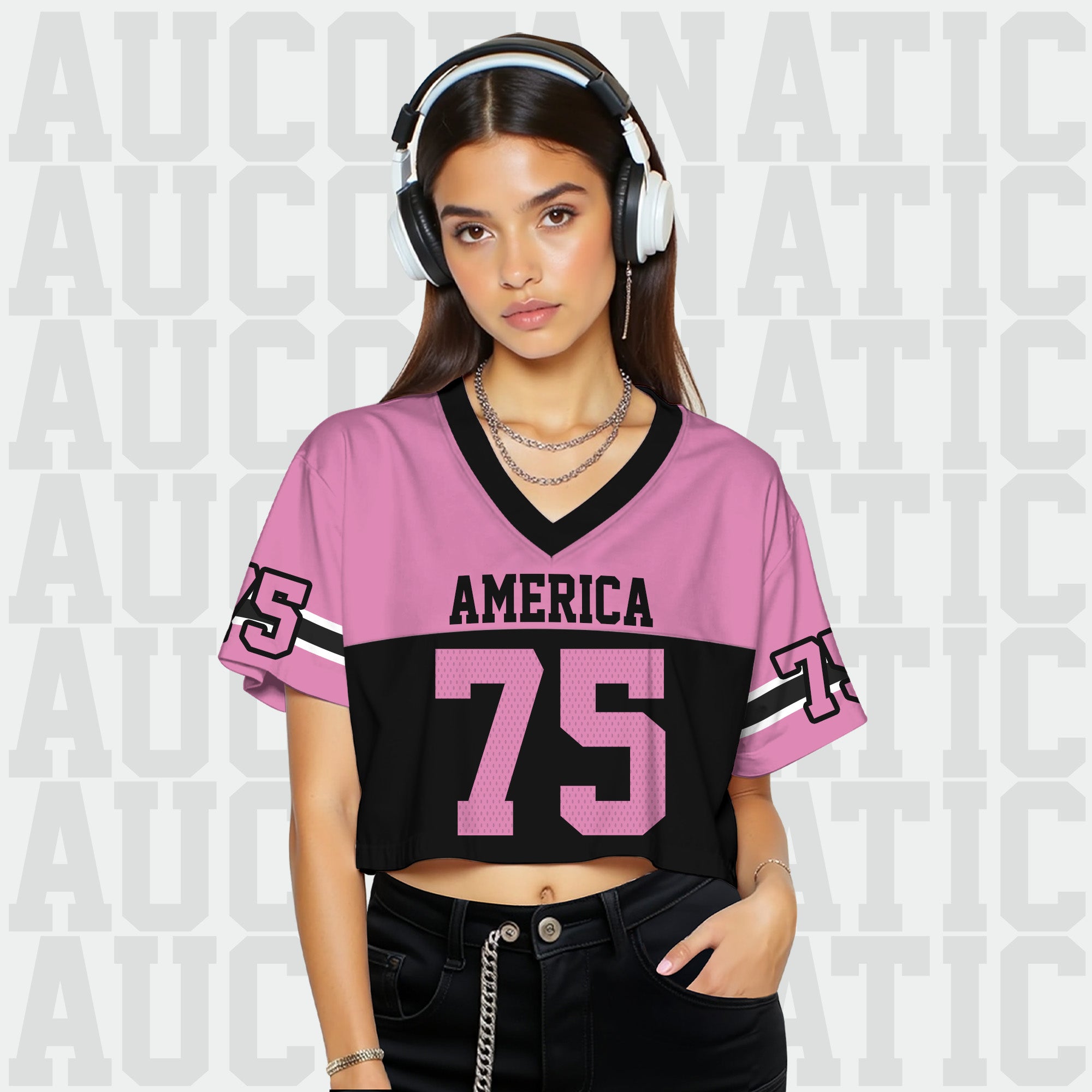 Personalized Pink Black Cropped Football Jersey, Fashionable Cropped Jersey for a Gameday Outfit