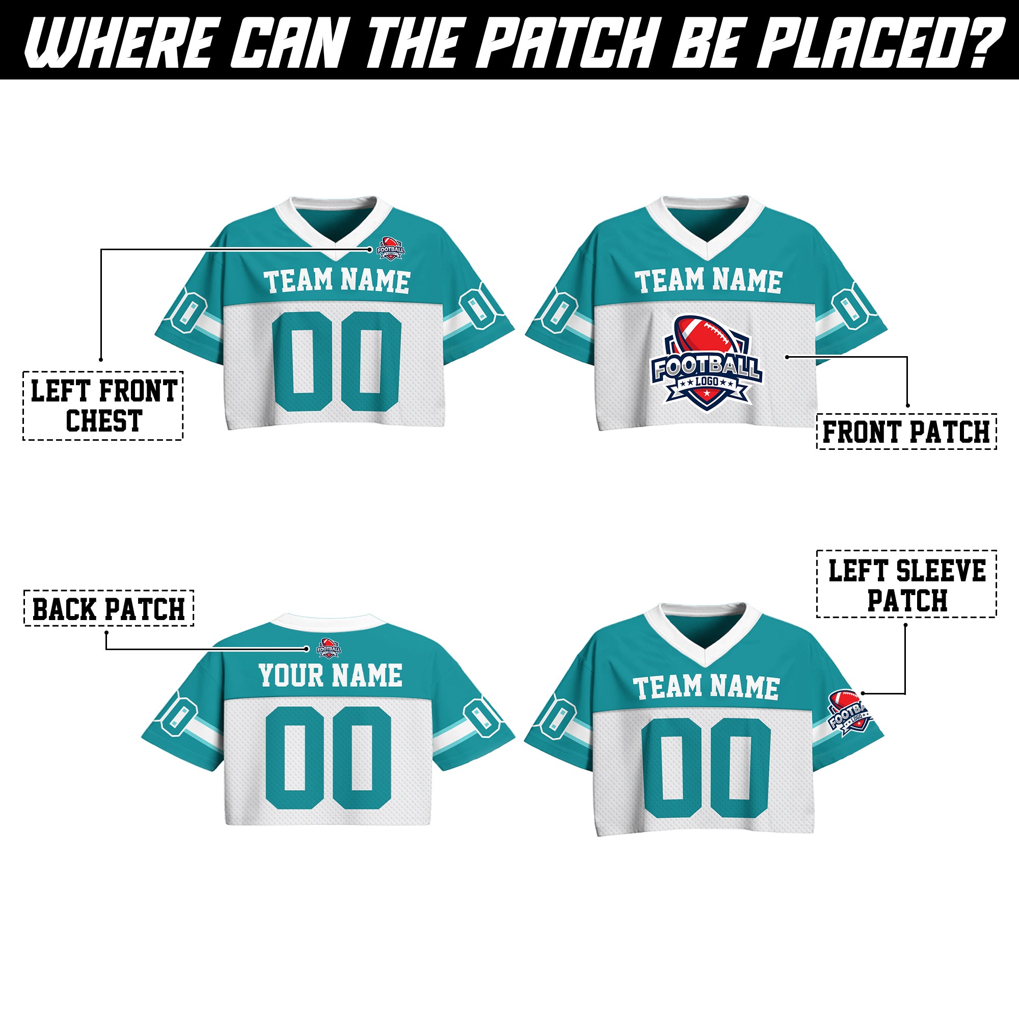 Custom Aqua White Cropped Football Jersey, Cute Football Jersey Crop Top