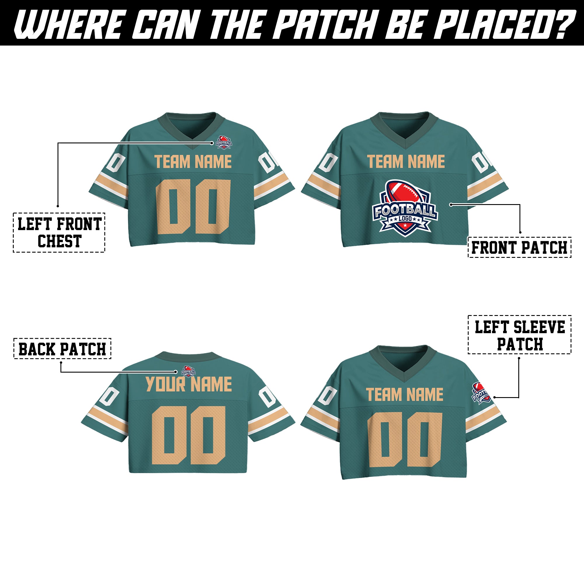 Custom Teal Gold Cropped Football Jersey, Girls Streetwear Cropped Jerseys Shirt