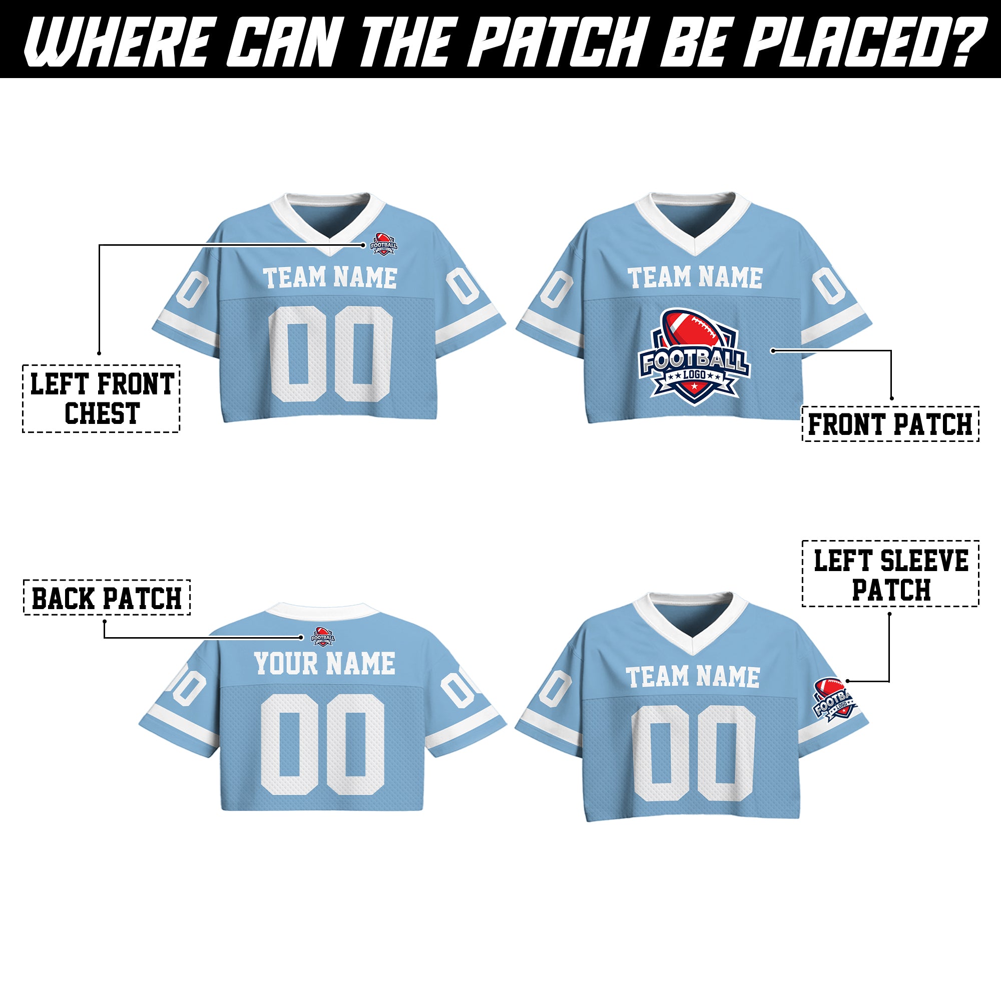 Personalized Light Blue White Cropped Football Jersey, Girls Streetwear Cropped Jerseys Shirt