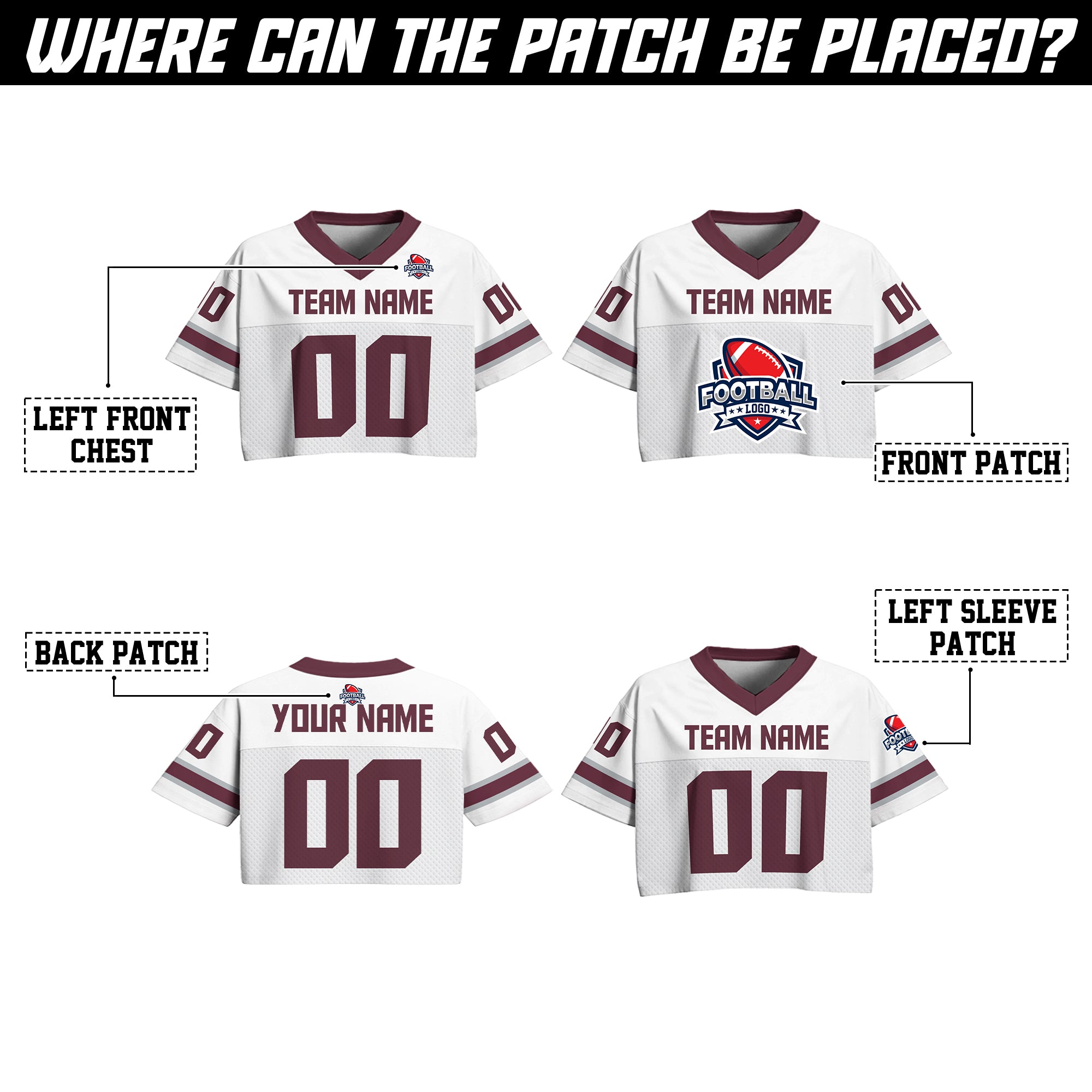 Custom White & Maroon Cropped Football Jersey, Personalized Women’s Game Day Outfit