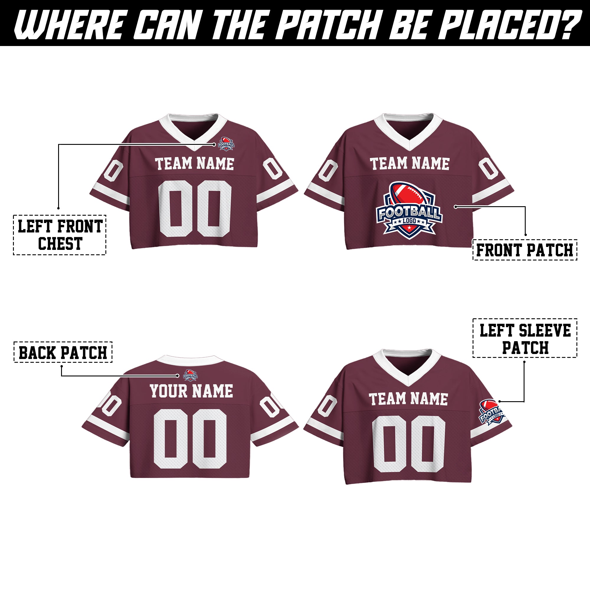 Personalized Dark Maroon White Cropped Football Jersey, Stylish Cropped Jersey for Women