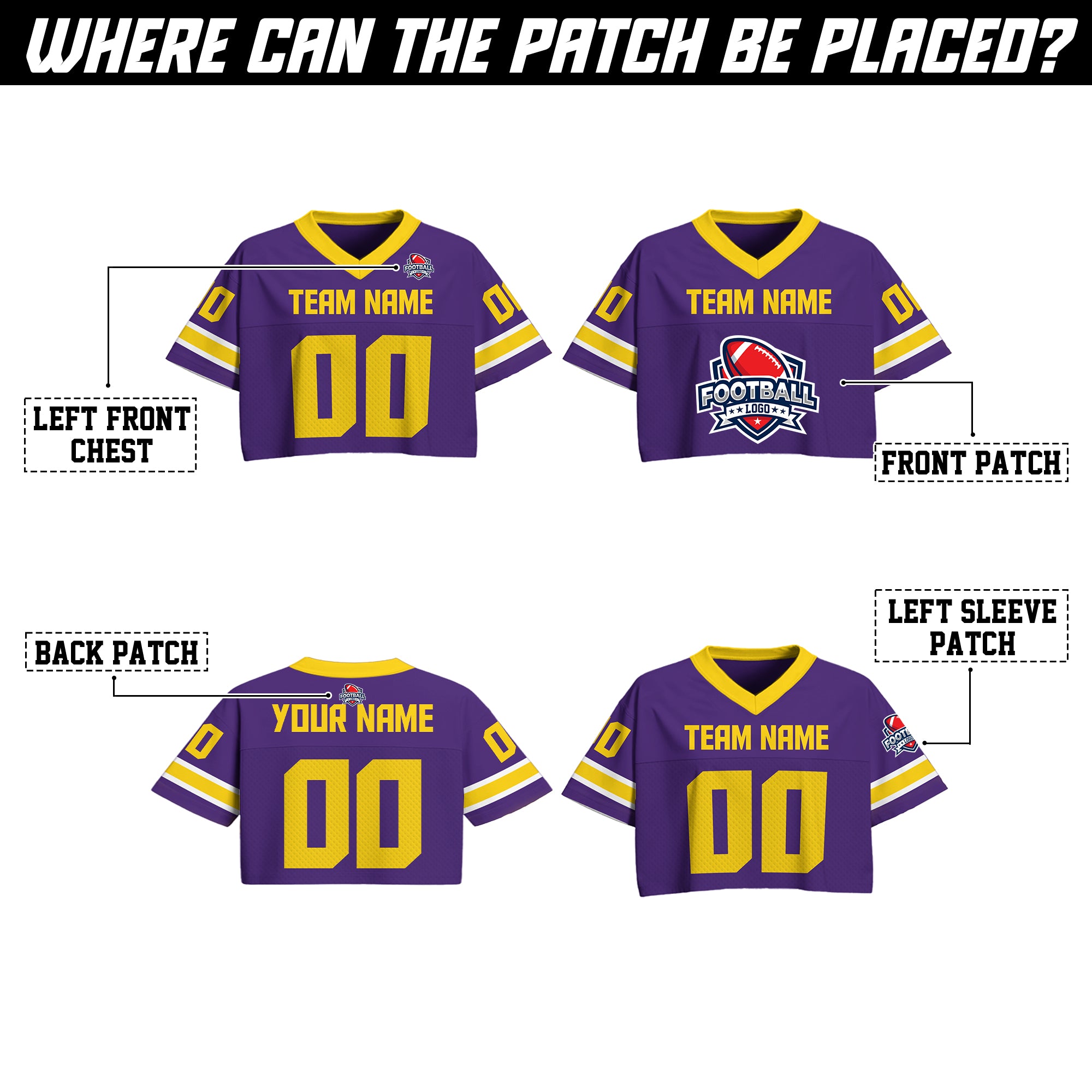 Custom Purple Gold Cropped Football Jersey, Personalized Game Day Outfit for Women Girl