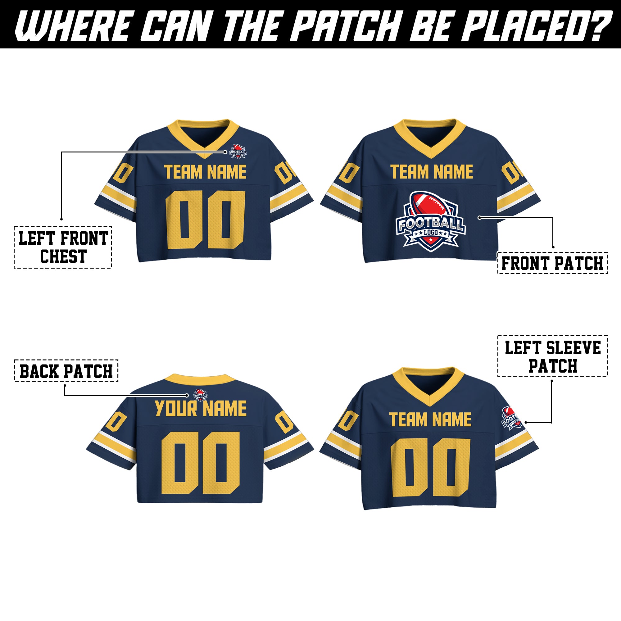 Custom Navy Blue Gold Cropped Football Jersey, Sports Girl Outfit