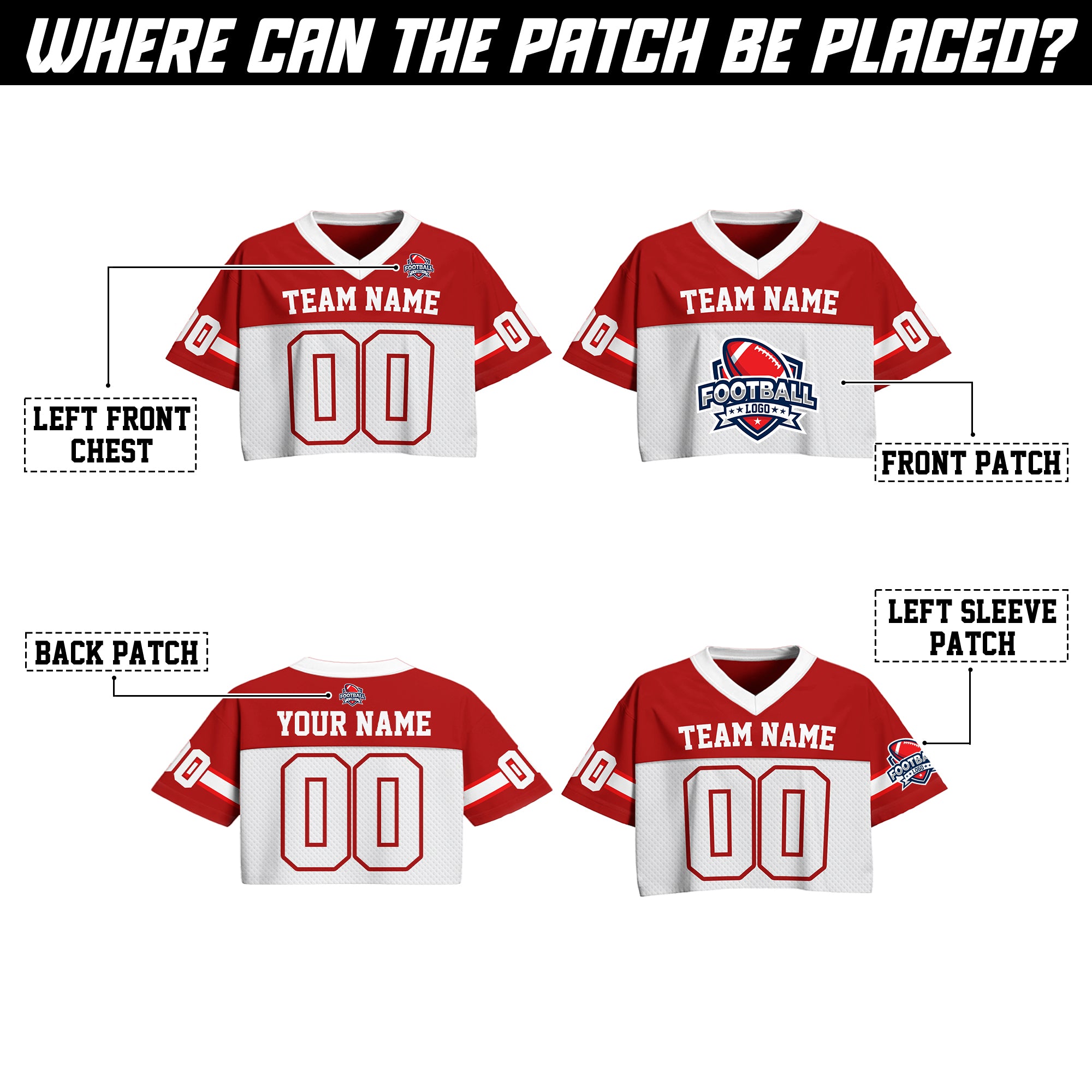 Custom Red White Cropped Football Jersey, Streetwear for Women Girl