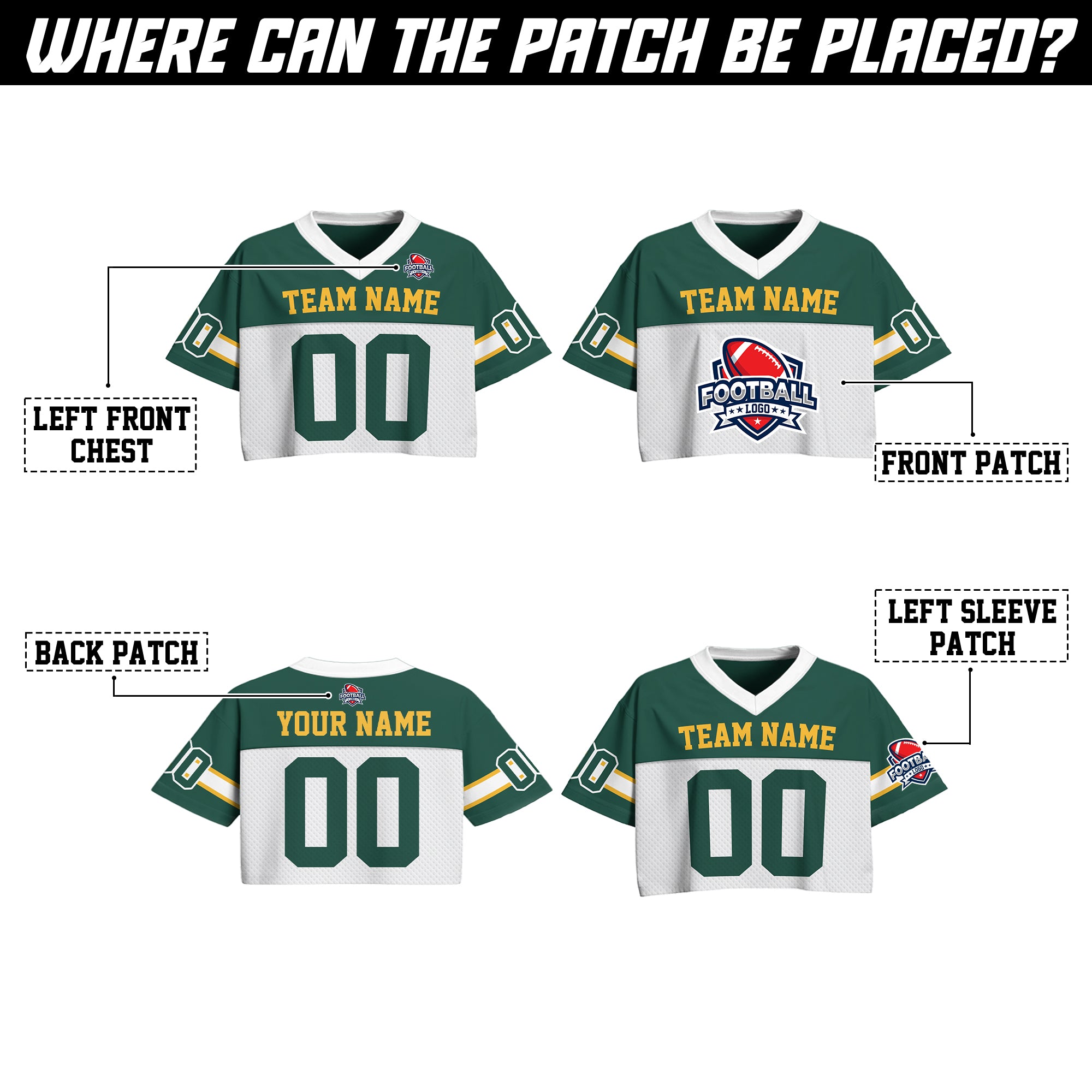 Custom Green White Cropped Football Jersey, Gameday Cropped Football Jersey