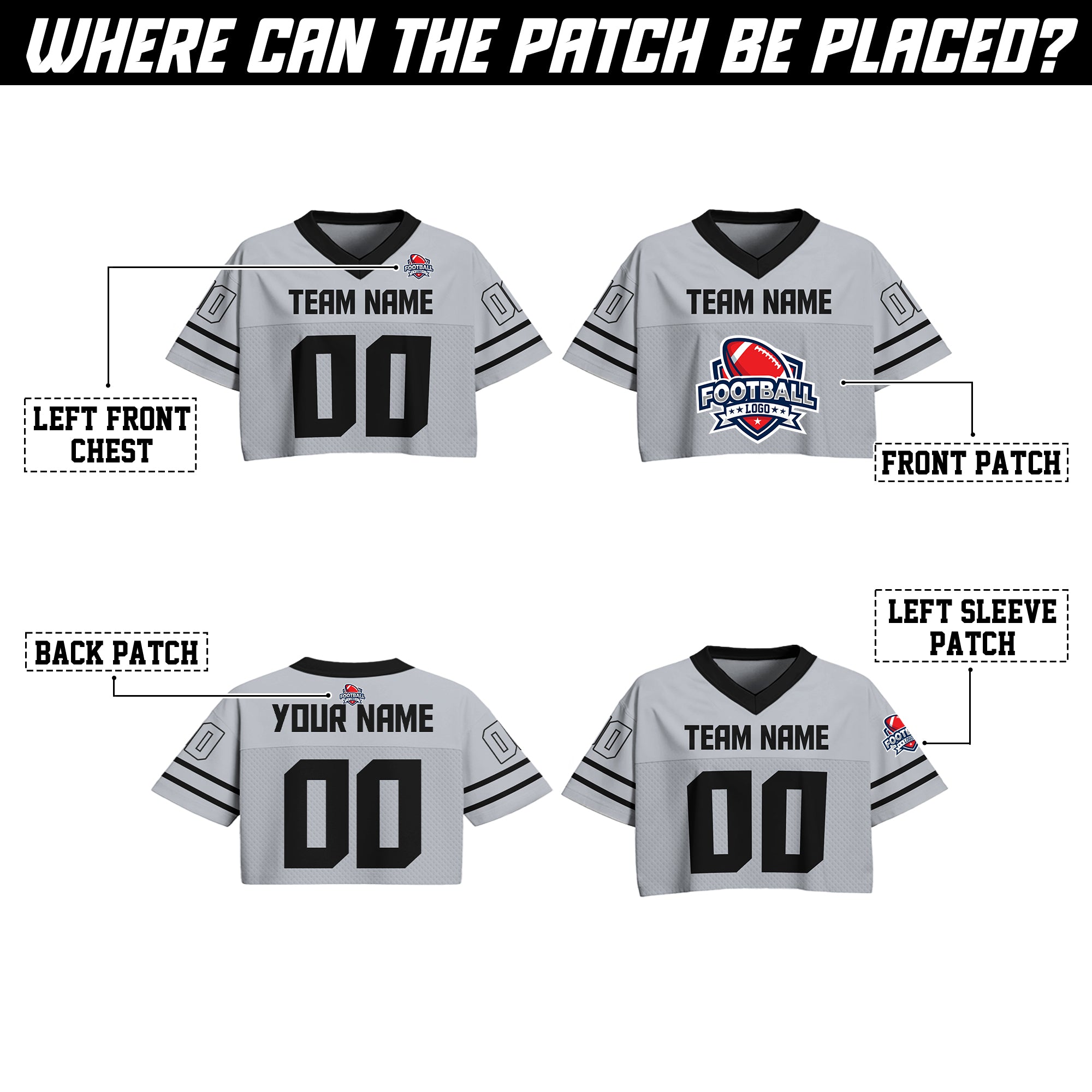 Custom Gray Black Cropped Football Jersey, Trendy Cropped Football Jersey Top for Women