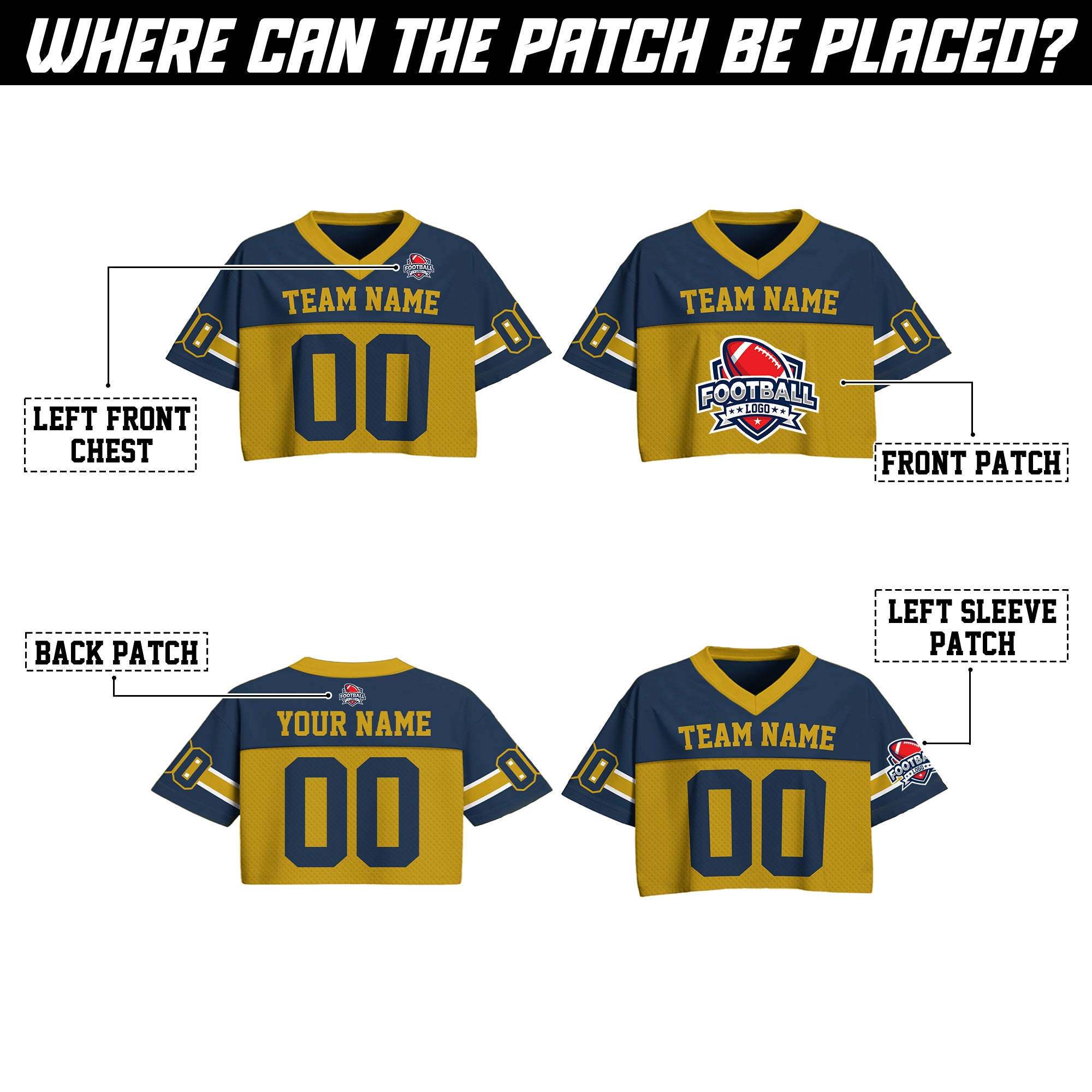 Personalized Navy Gold Cropped Football Jersey, Trendy Cropped Football Jersey Top for Women
