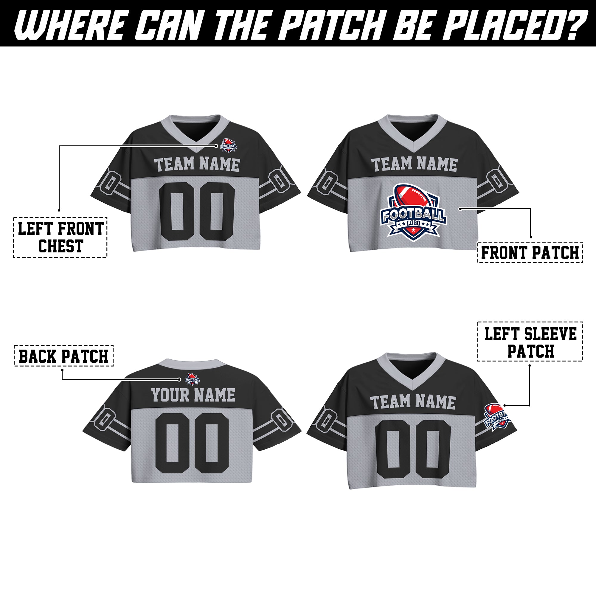 Custom Black Gray Cropped Football Jersey, Relaxed Fit Cropped American Football Jersey